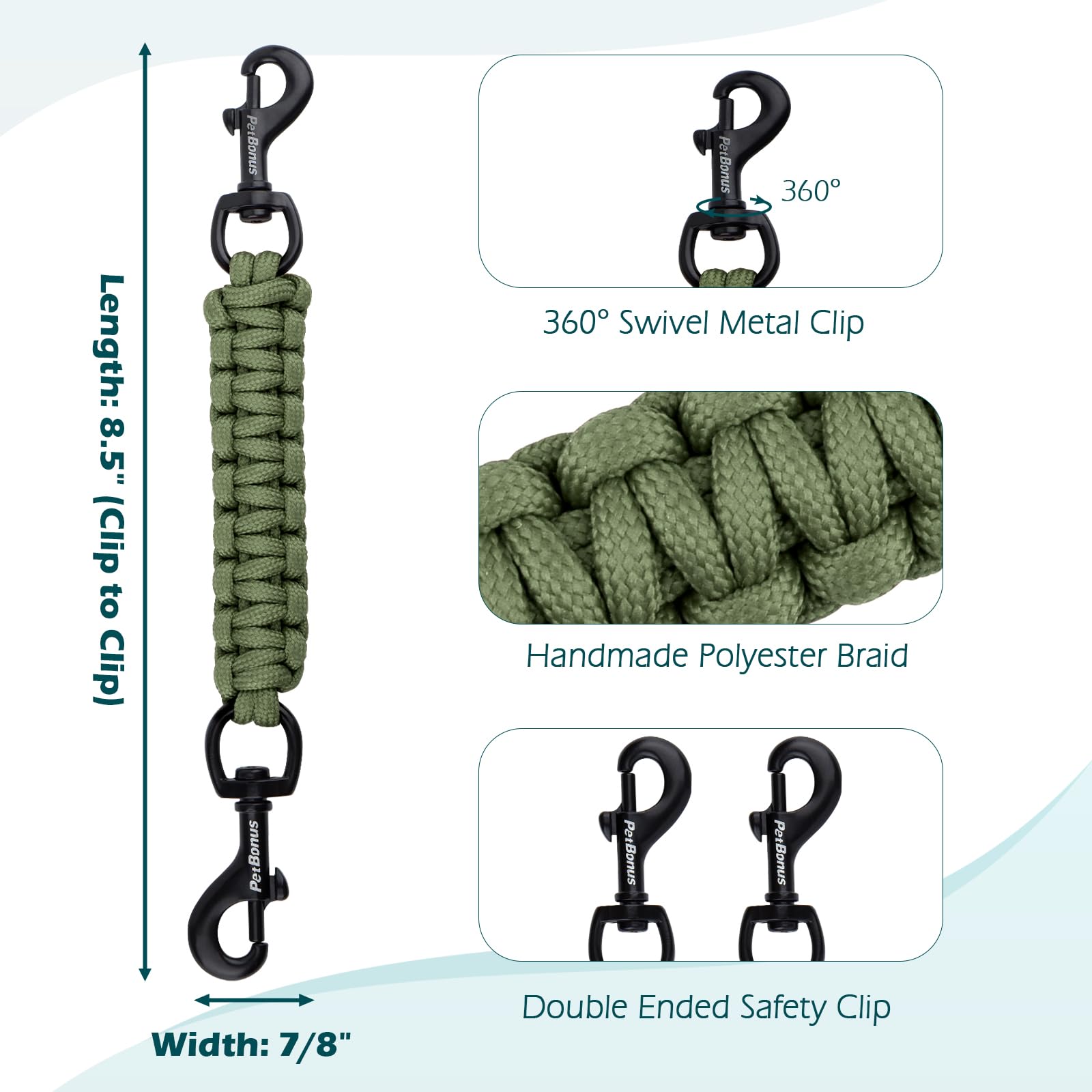 Petbonus Dog Collar Safety Clip, Handmade Backup Safety Strap For Dog Harness, Prong, Pinch Collar, Double Ended Clasp Leash Con