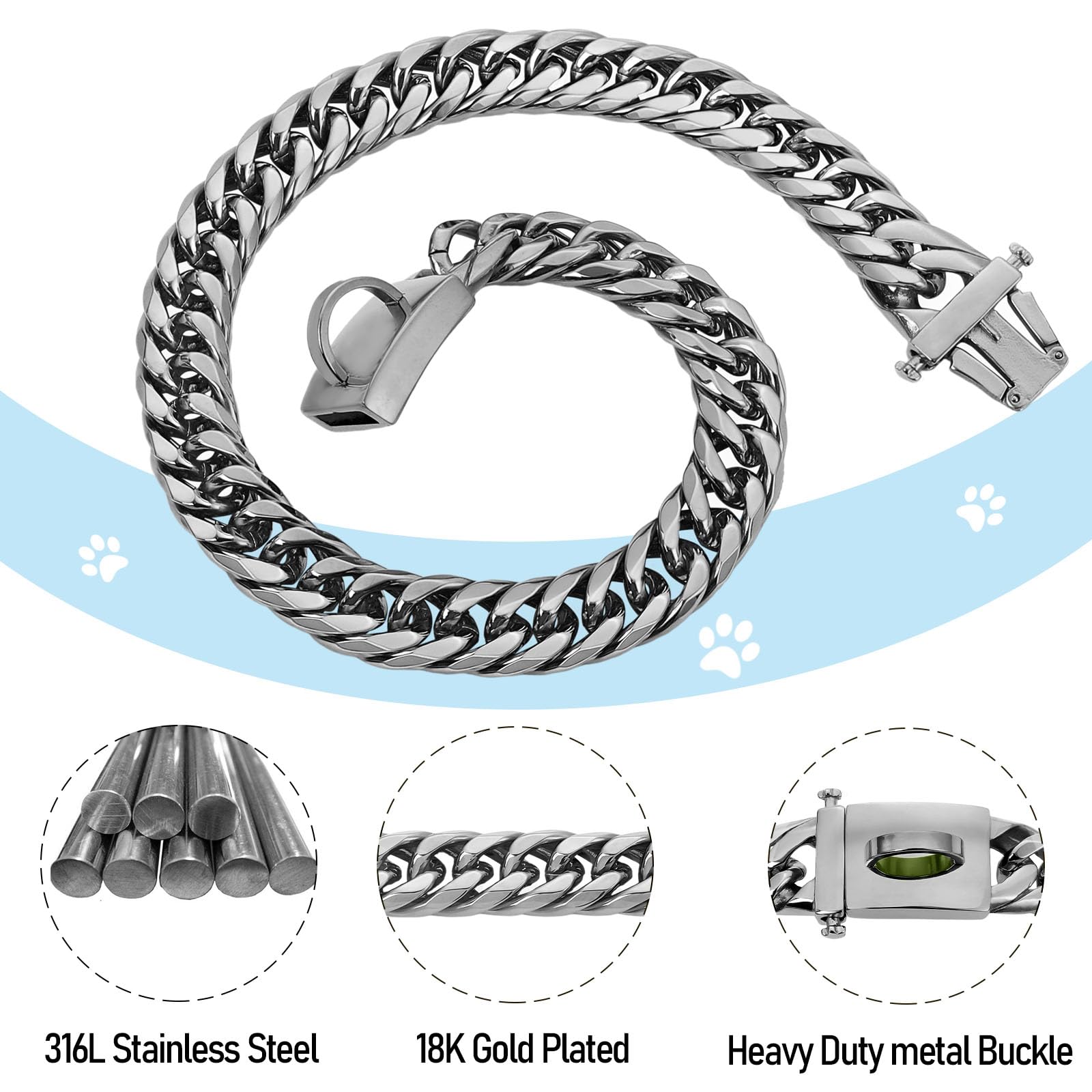 Baobote Silver Chain Dog Collar, 16Mm Heavy Duty Cuban Link Collar With Secure Snap Buckle, Chew Proof For Dogs (22'' Silver)
