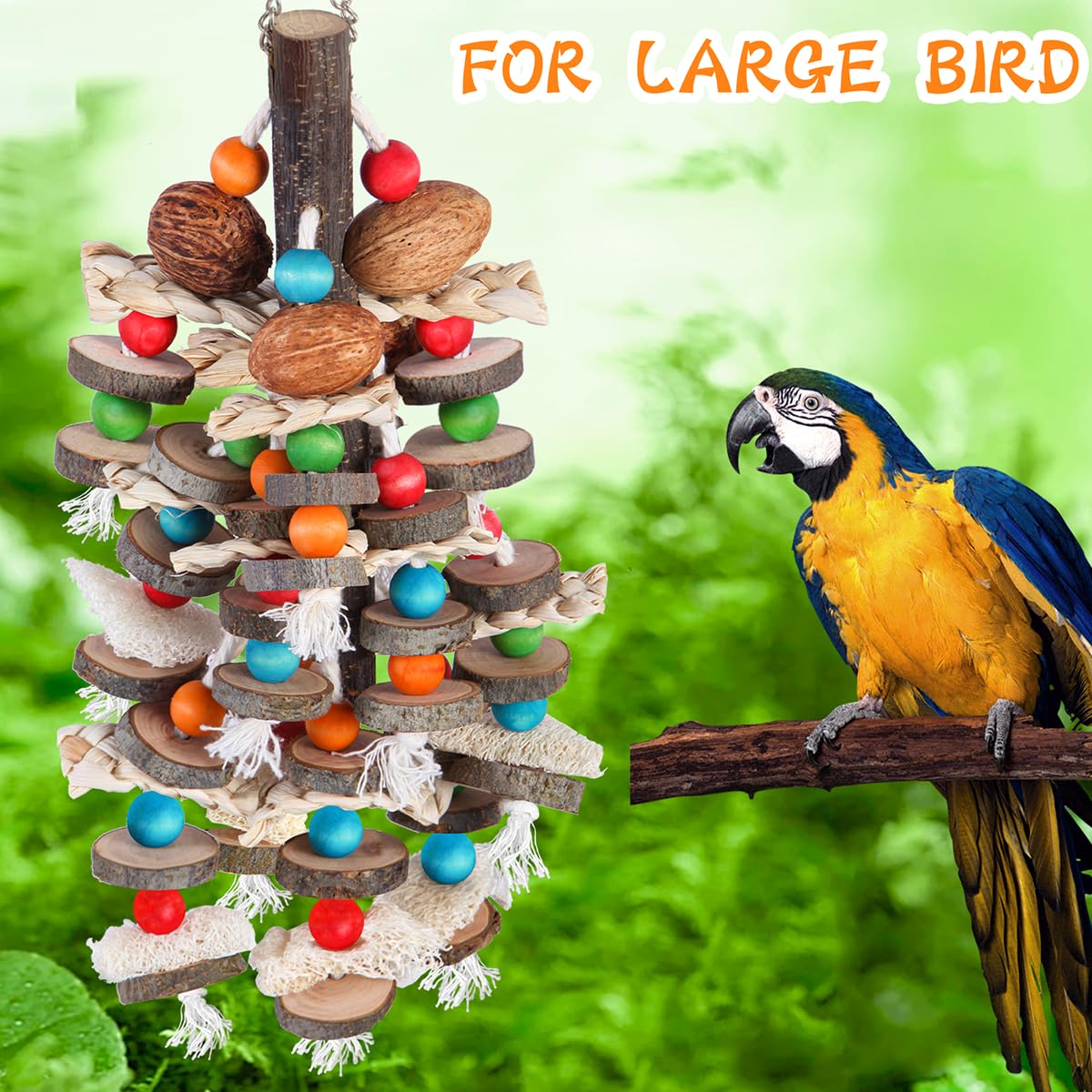 BBjinronjy Large Parrot Chewing Toy - Natural Wood, Nuts, Loofah - Ideal for African Grey, Macaws, Conures, and Small Birds