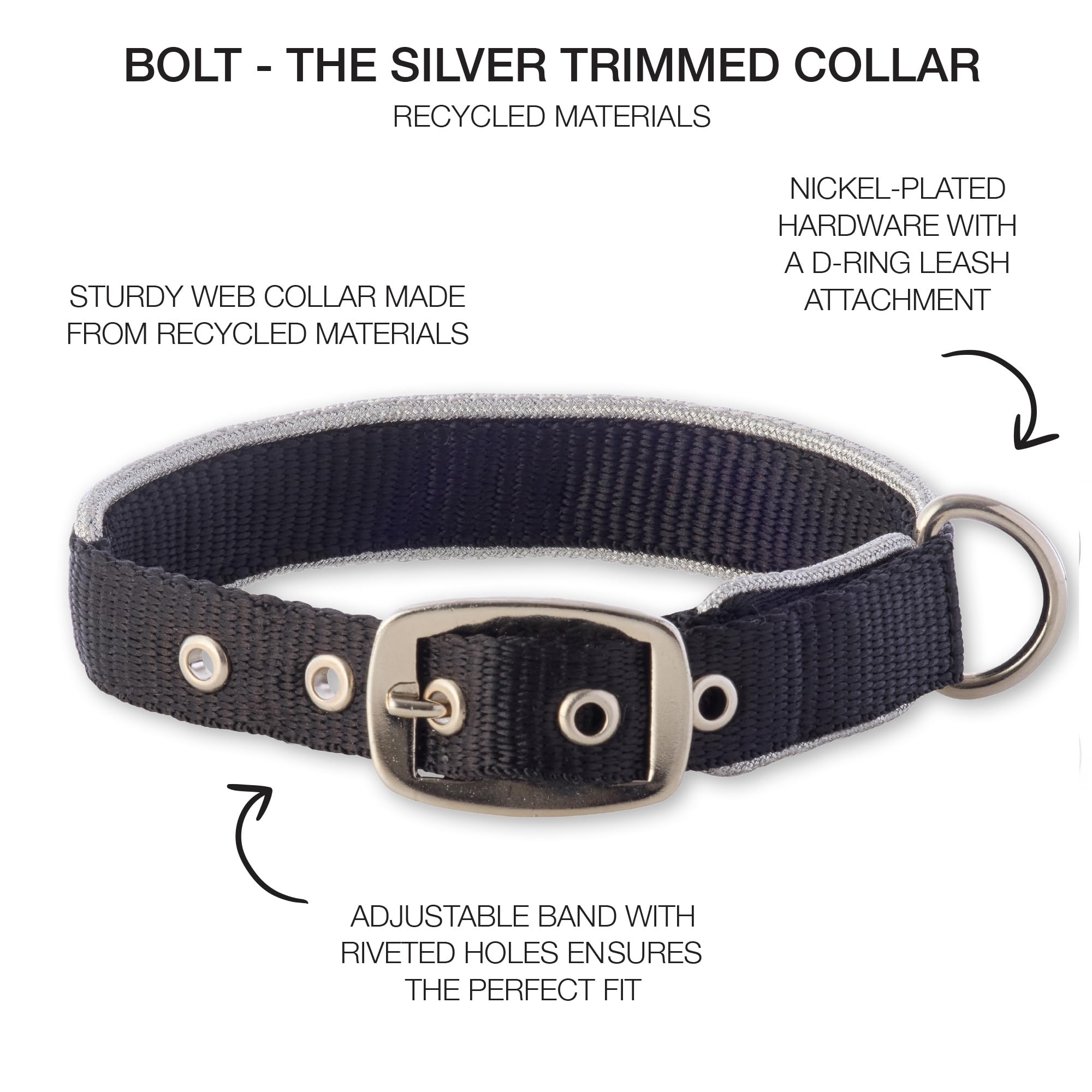 Pet Passion Adjustable Silver Trimmed Dog Collar For Pets Small, Medium And Large Dogs, Silver Black, Large