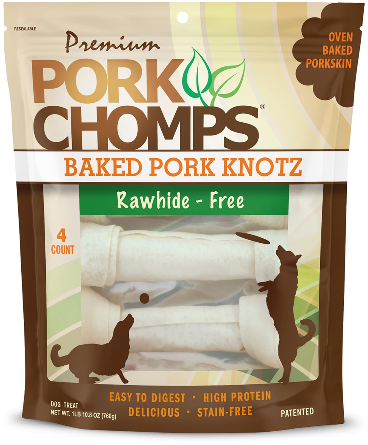Pork Chomps Baked Pork Skin Dog Chews, 11-inch Knots, 4 Count