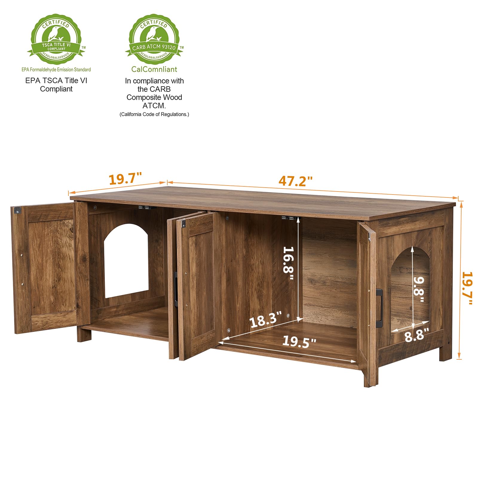 Homhedy Cat Litter Box Enclosure, Wooden Pet Washroom for 2 Cats, 47.2”L x 19.7”W x 19.7”H, Rustic