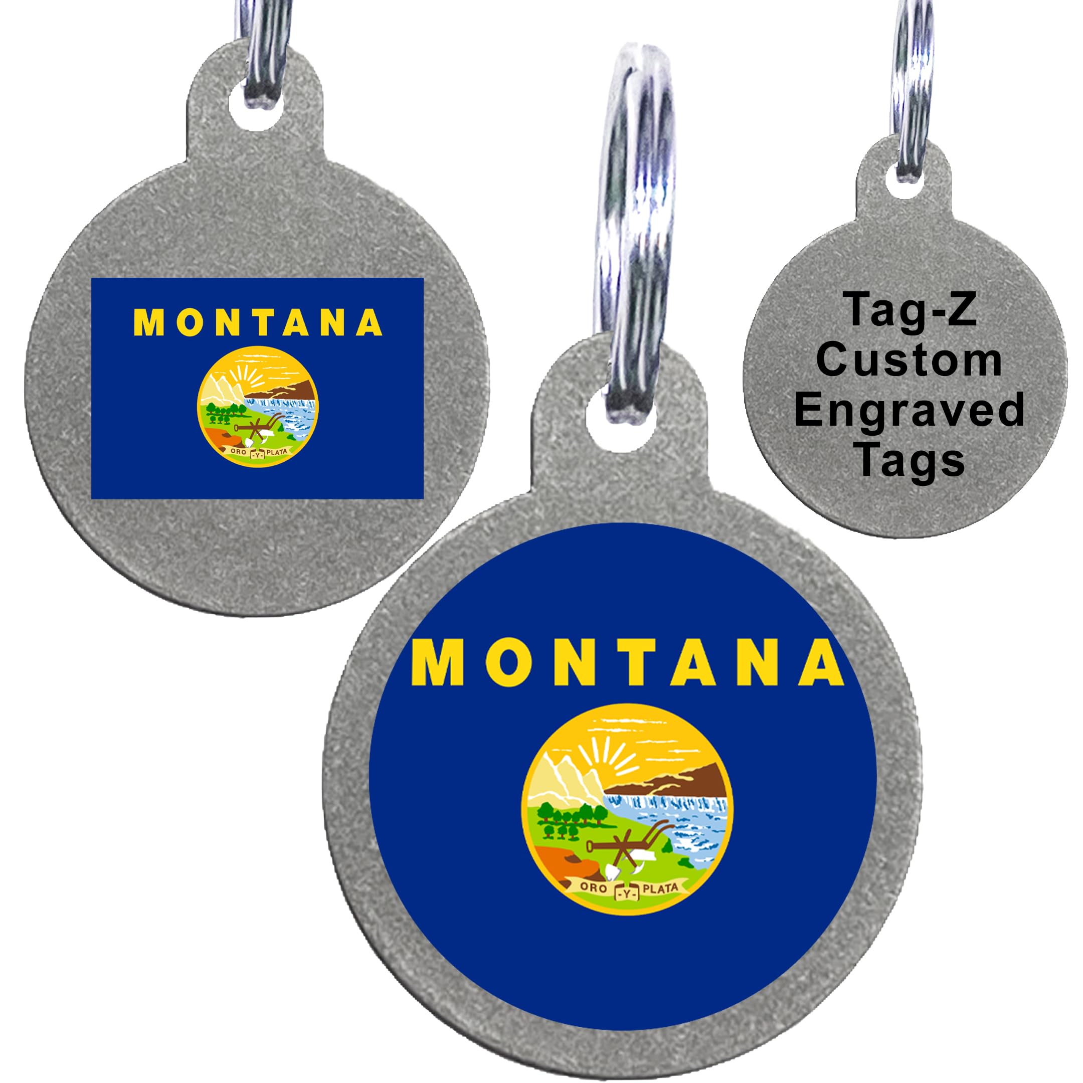 Montana Flag Pet Id Tags, Custom Printed And Laser Engraved Circle