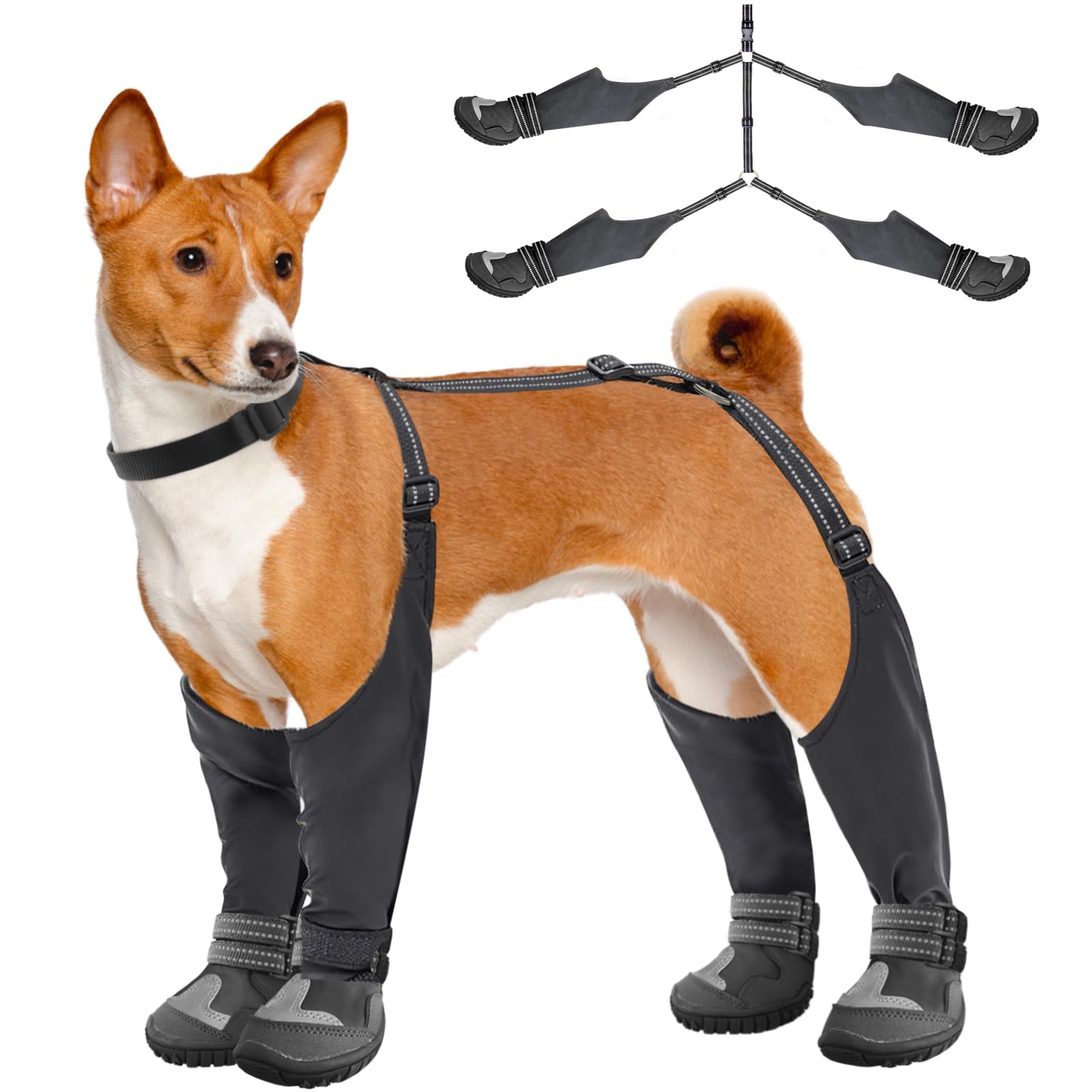 Idepet Dog Suspender Boots - Anti-Slip Waterproof Shoes for Winter Snow Rain Hiking - Adjustable Tall Leggings Paws Protector (B