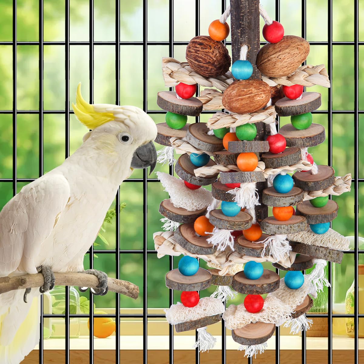 BBjinronjy Large Parrot Chewing Toy - Natural Wood, Nuts, Loofah - Ideal for African Grey, Macaws, Conures, and Small Birds