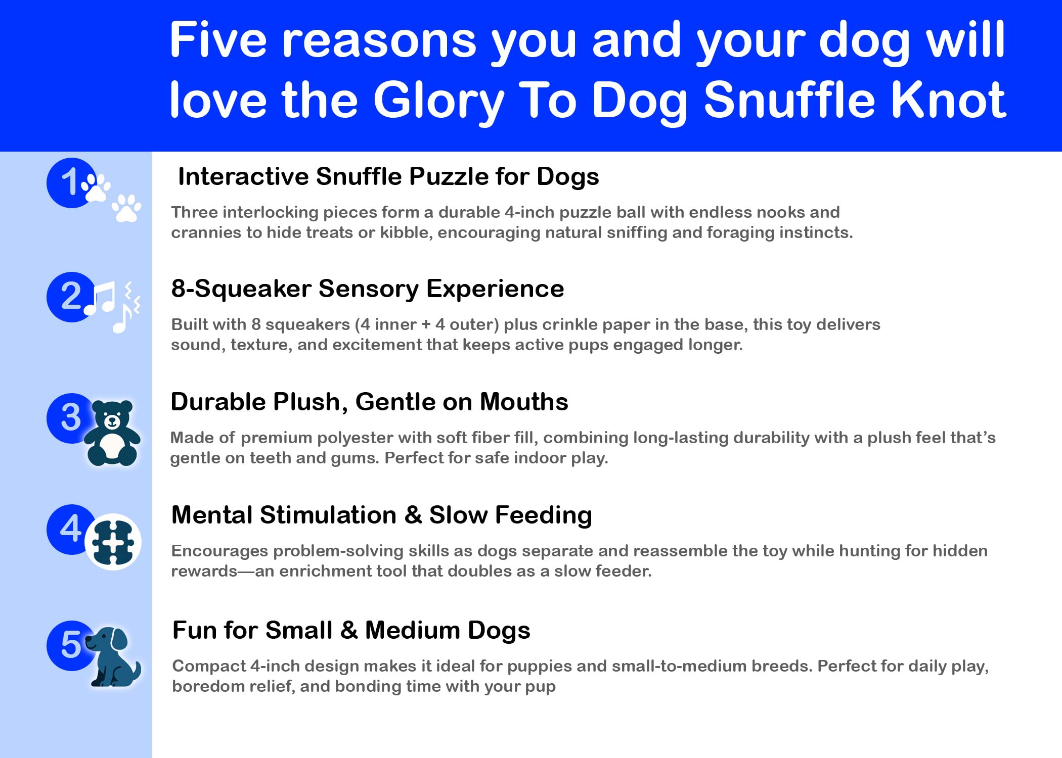Glory To Dog Blue Snuffle Knot Interactive Dog Toy 4    Puzzle Ball with 8 Squeakers & Crinkle - Treat Hiding Enrichment Toy for
