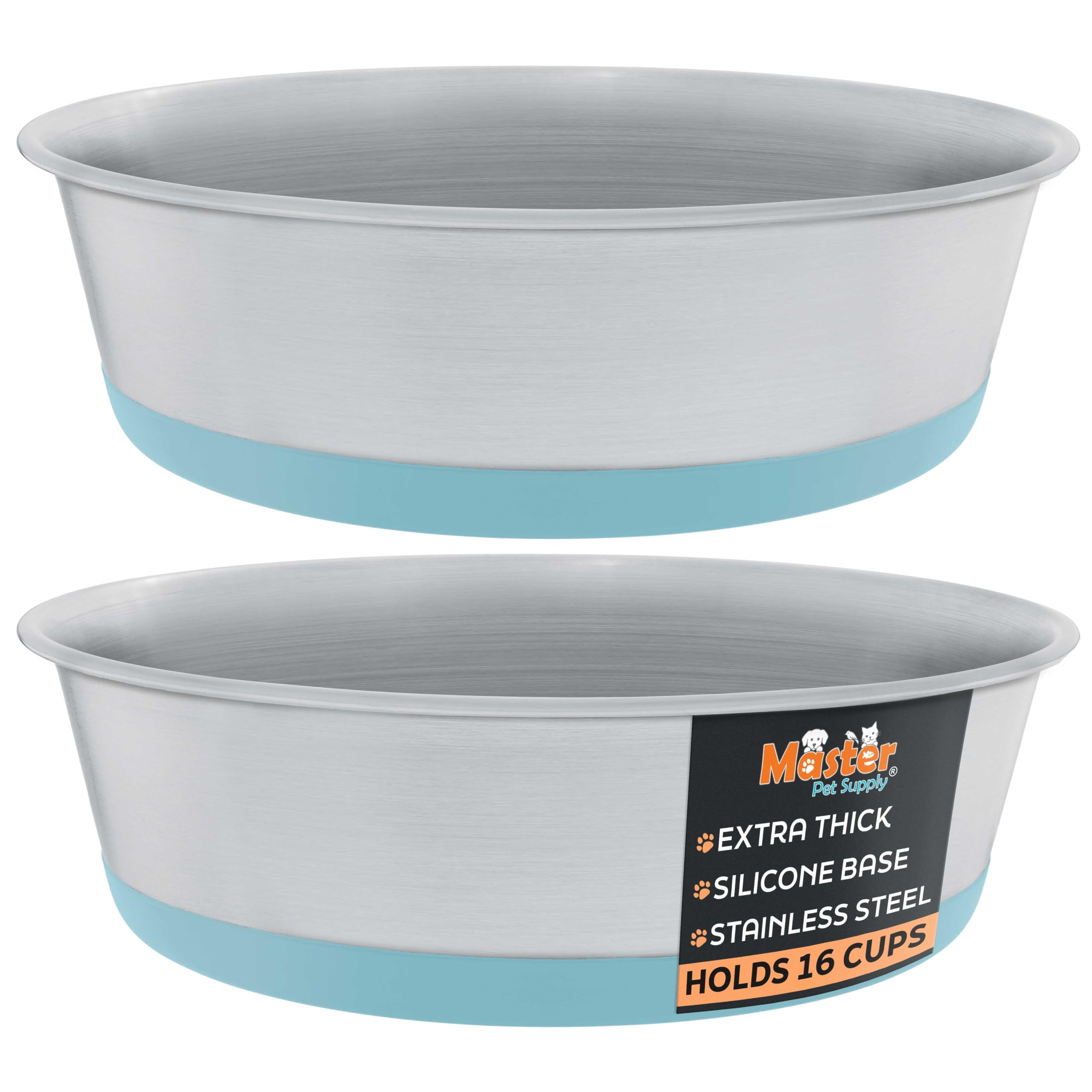 Master Pet Supply Stainless Steel Dog Bowls Set of 2 with Extra Thick Silicone Base - 16 Cup (128 oz) Aqua Sky, Non-Slip, Dishwa