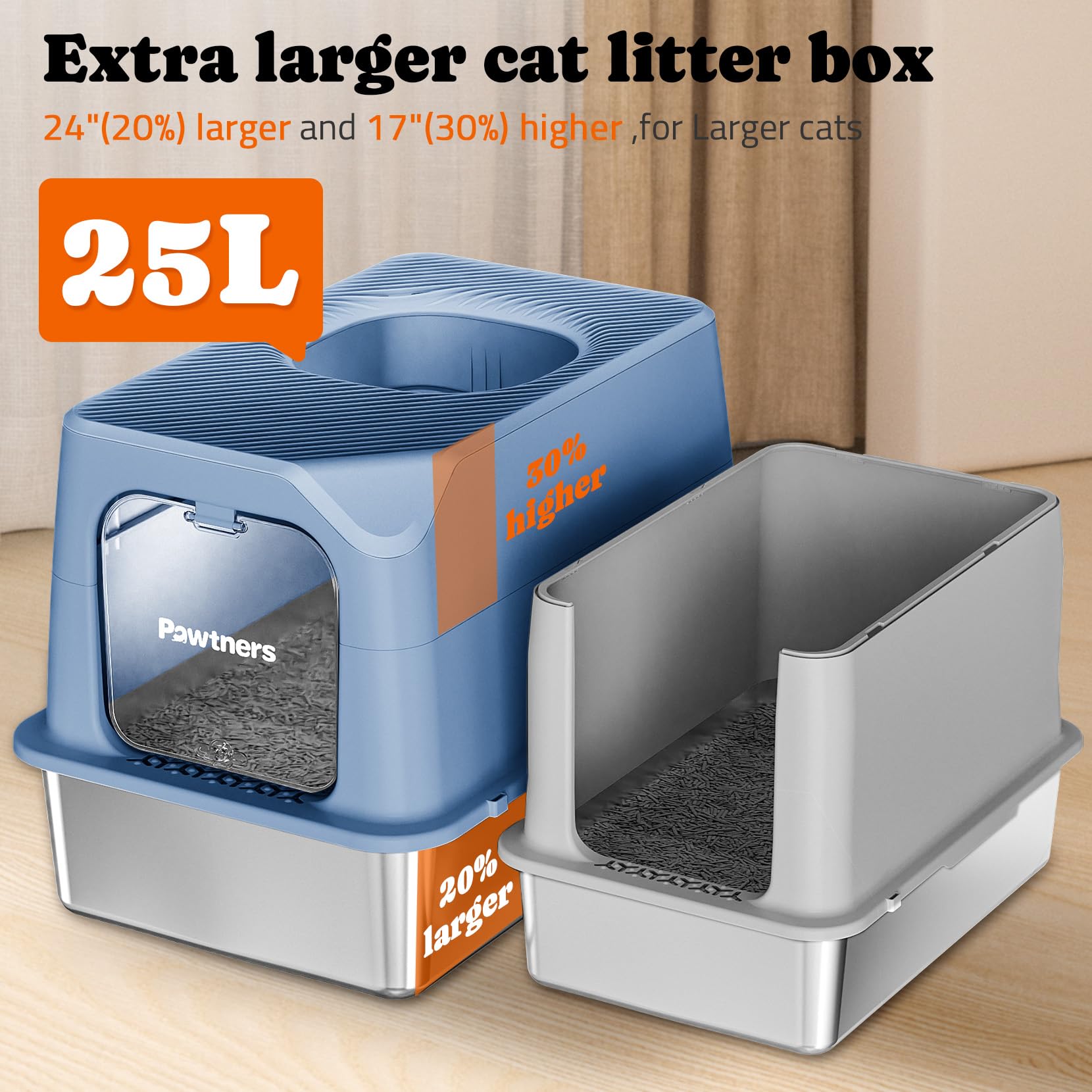 Pawtners XL Stainless Steel Cat Litter Box - Enclosed Blue Toilet with Removable Lid, Anti-Leakage, Easy to Clean