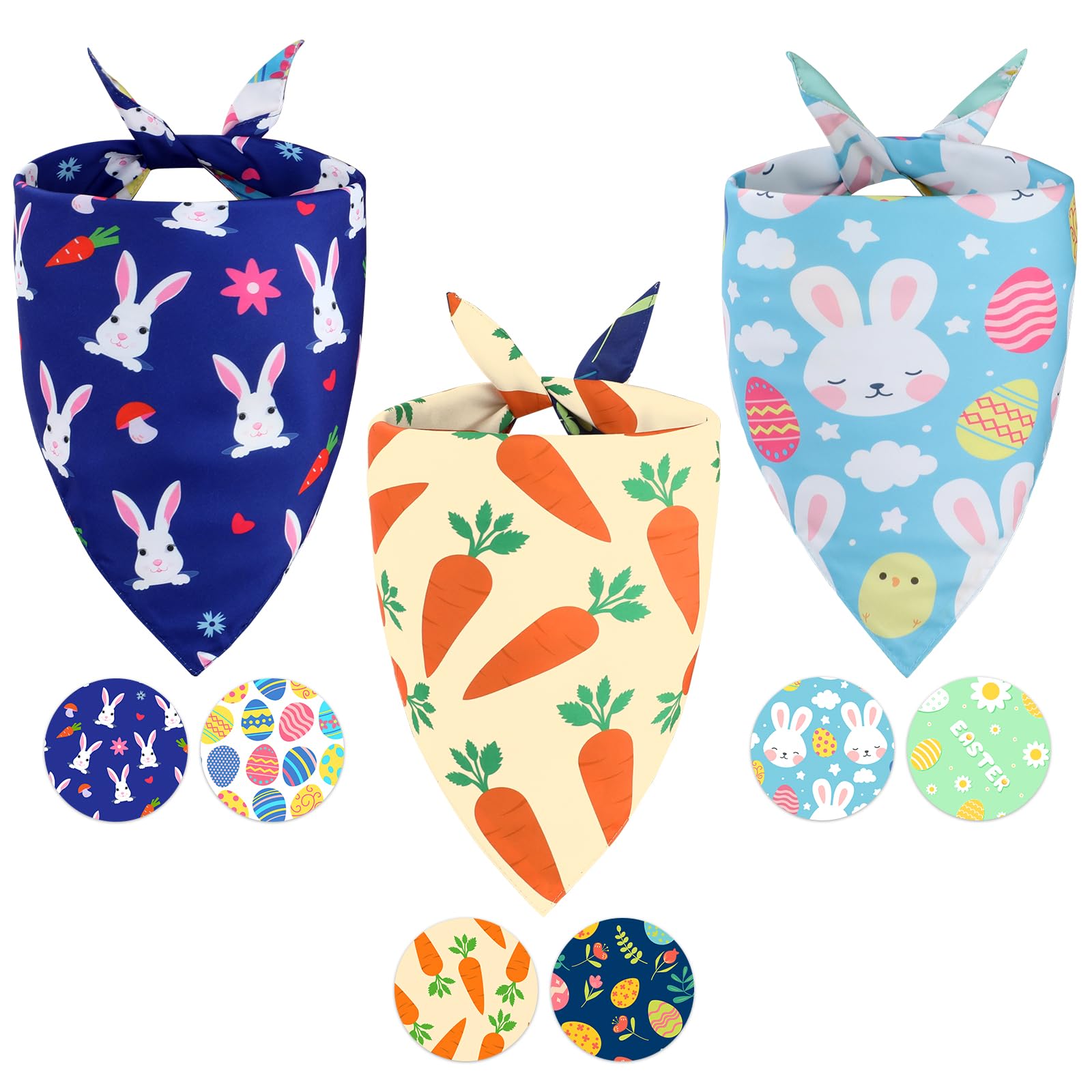 Fhtonge Easter Dog Bandanas Double Layer, 3 Pack Reversible 6 Pattern Dogs Holiday Bandanna With Easter Egg Bunny Pattern, Dog F