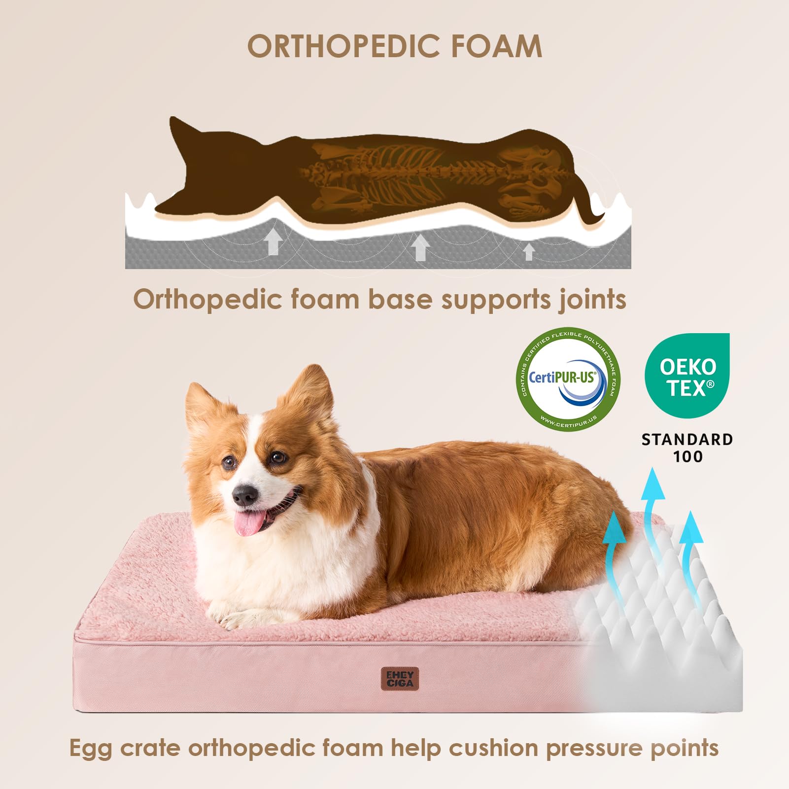 Eheyciga Orthopedic Xxl Dog Beds For Jumbo Dogs With Removable Washable Cover For Crate, Pink, 47X29
