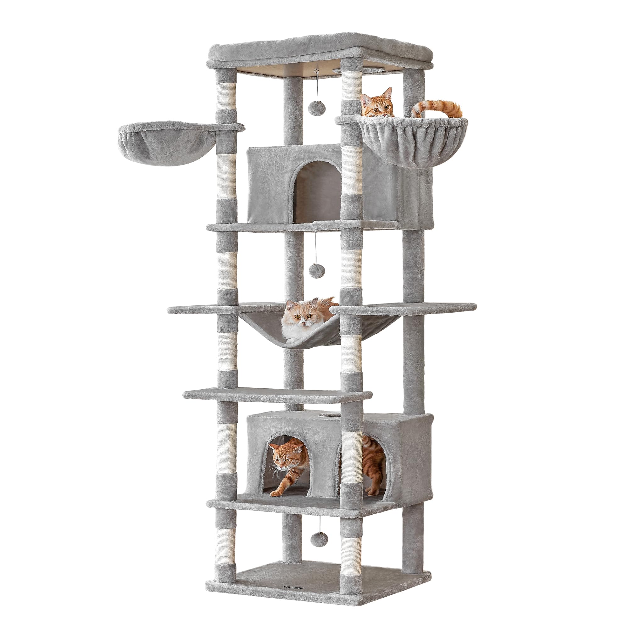 Mwpo Extra Large Cat Tree, 77.6-Inch Tall Cat Tower For Indoor Cats With 2 Large Condos, Multi-Level Cat Stand For Large Cat With 3 Hammocks, Wide Perch, Scratching Posts, Dangling Toys,Light Grey