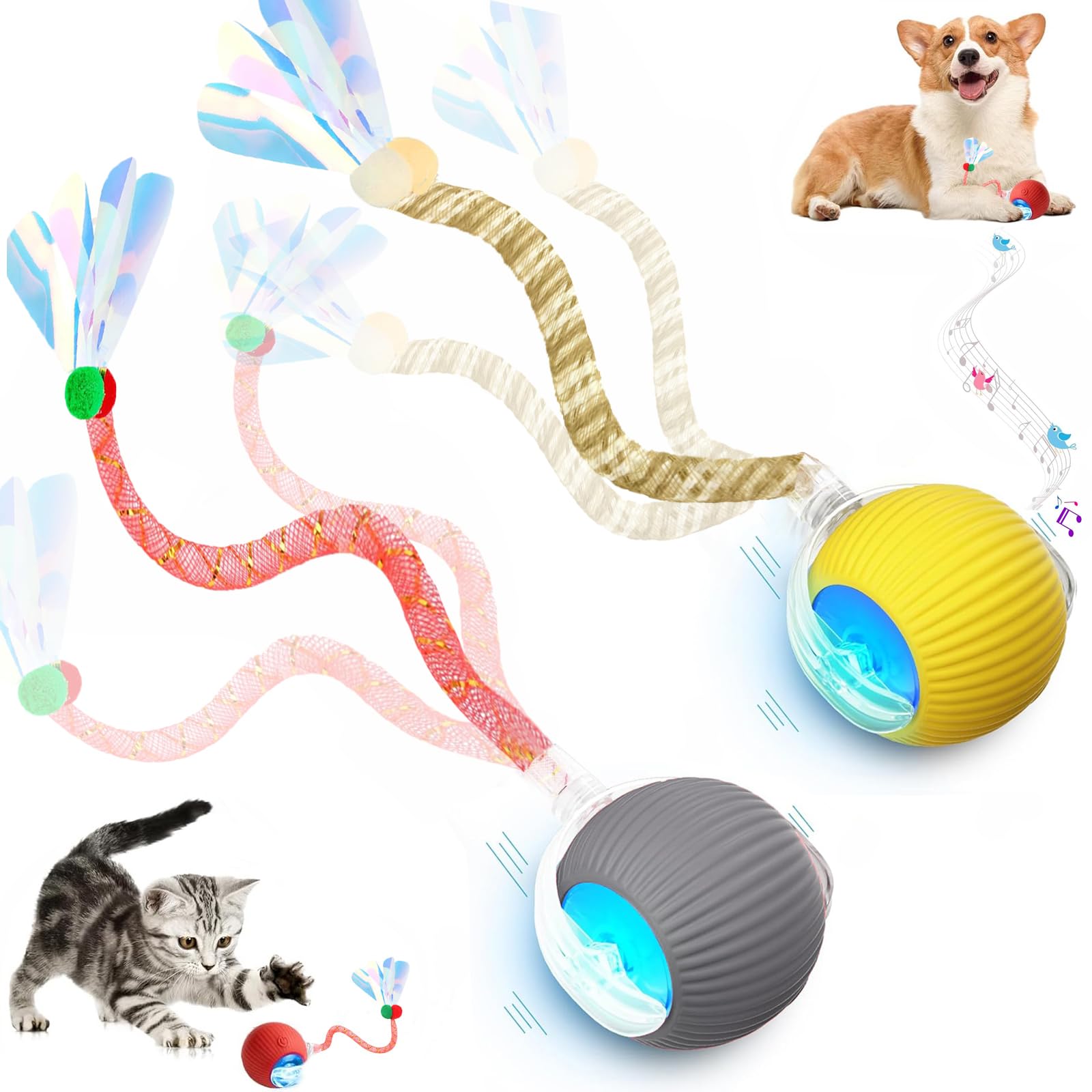 2 Packs Speed 2.0 Tail Interactive Cat Toys for Indoor Cats, Chirping & Motion Activate Ca t Toy, Smart Kitten Rolling Ball Movi