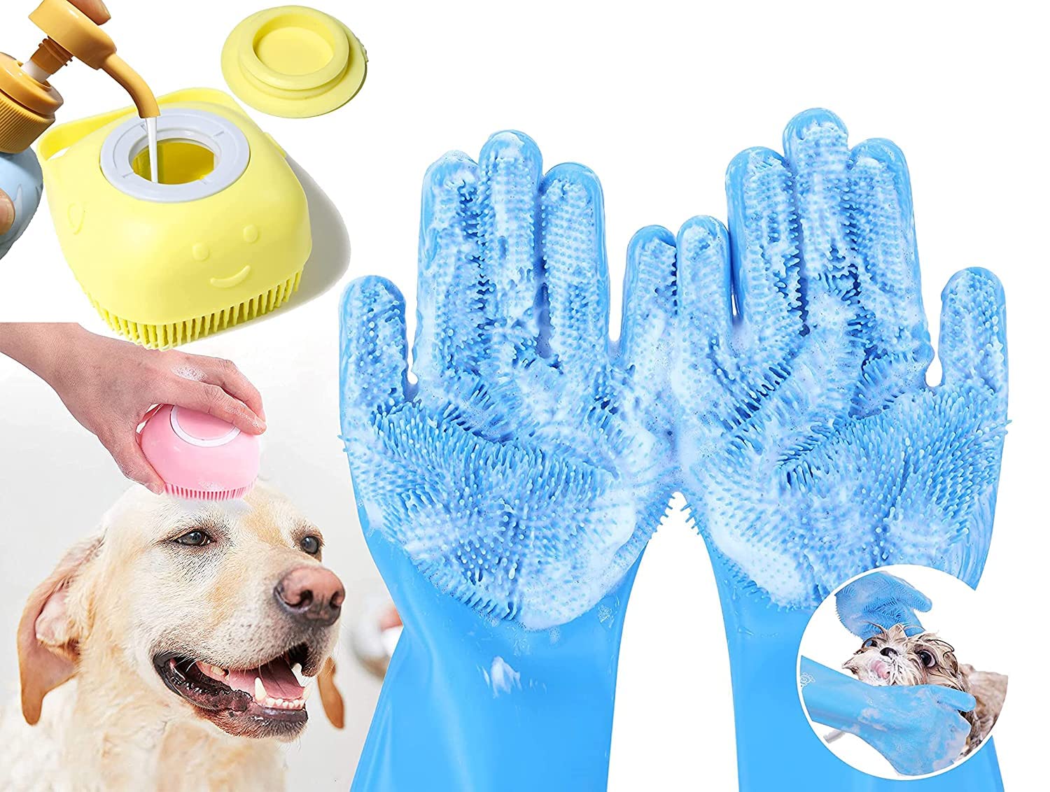 Style Keepers Dog Bath Brush Body Scrubber Shampoo Dispenser Tick Remover For Shower Bathing And Shedding Soft Silicone Bristles