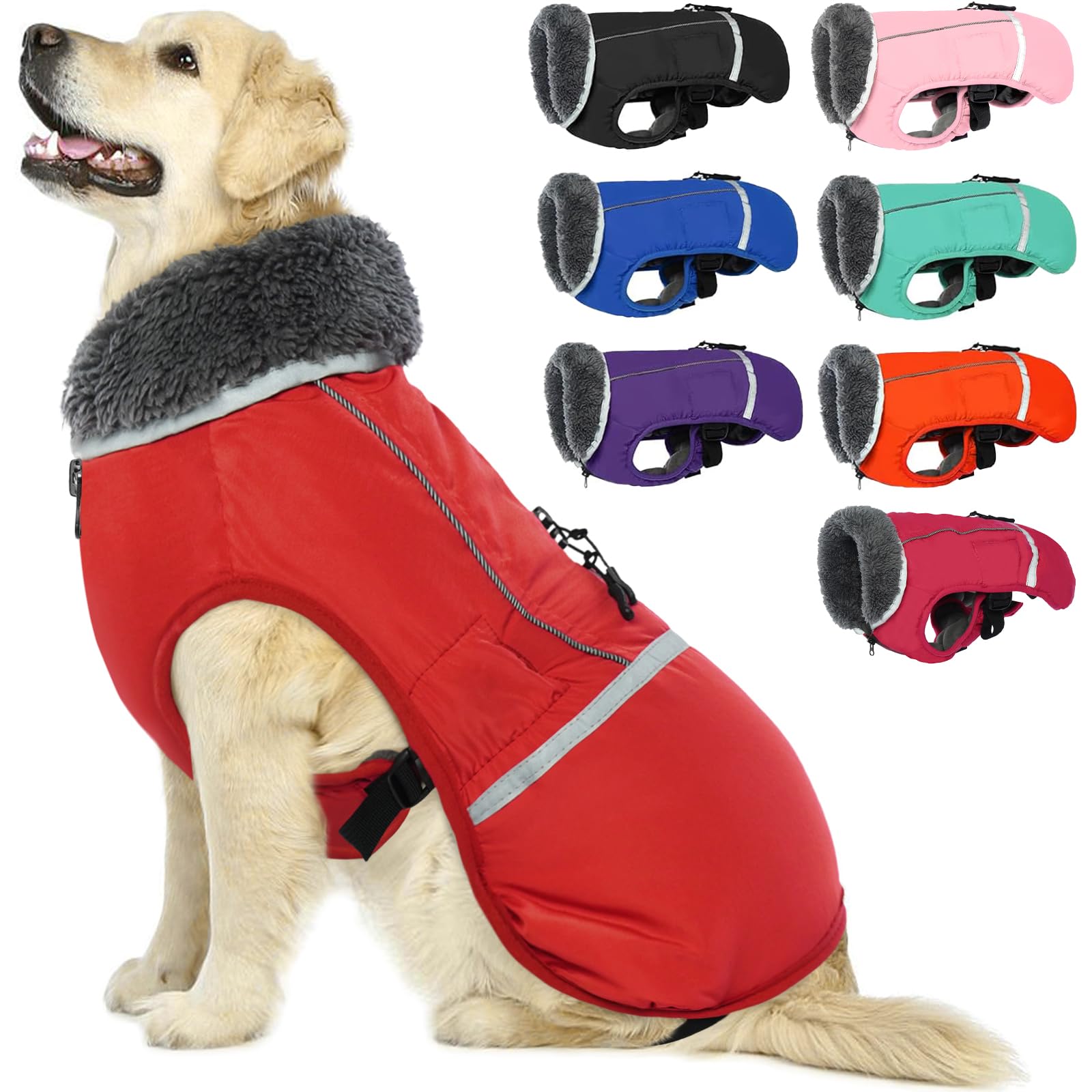 Warm Dog Coat Reflective Winter Jacket, Waterproof Windproof Dog Turtleneck Clothes for Cold Weather, Thicken Fleece Lining Pet