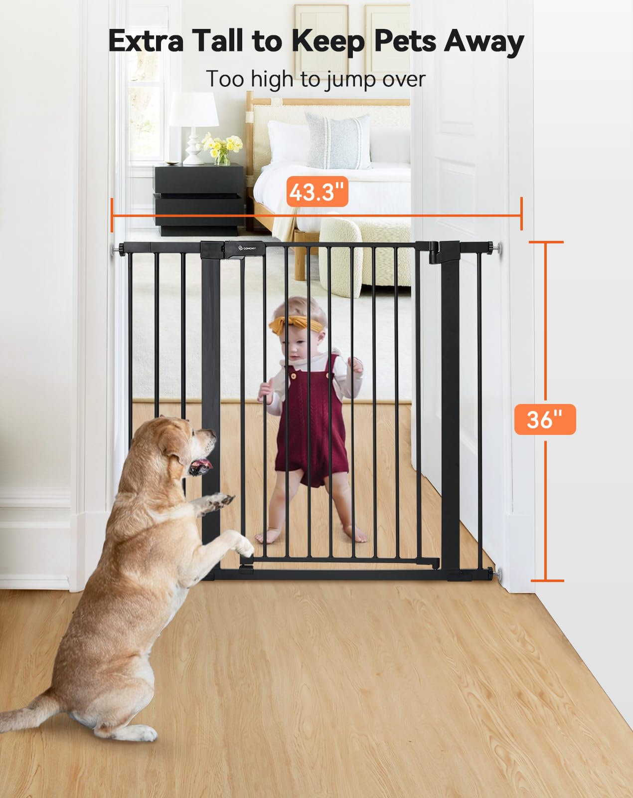 Comomy 36' Extra Tall Baby Gate For Stairs Doorways, Fits Openings 29.5' To 43.3' Wide, Auto Close Sturdy Safety Dog Gate For House, Pressure Mounted Easy Walk Through Pet Gate With Door, Black