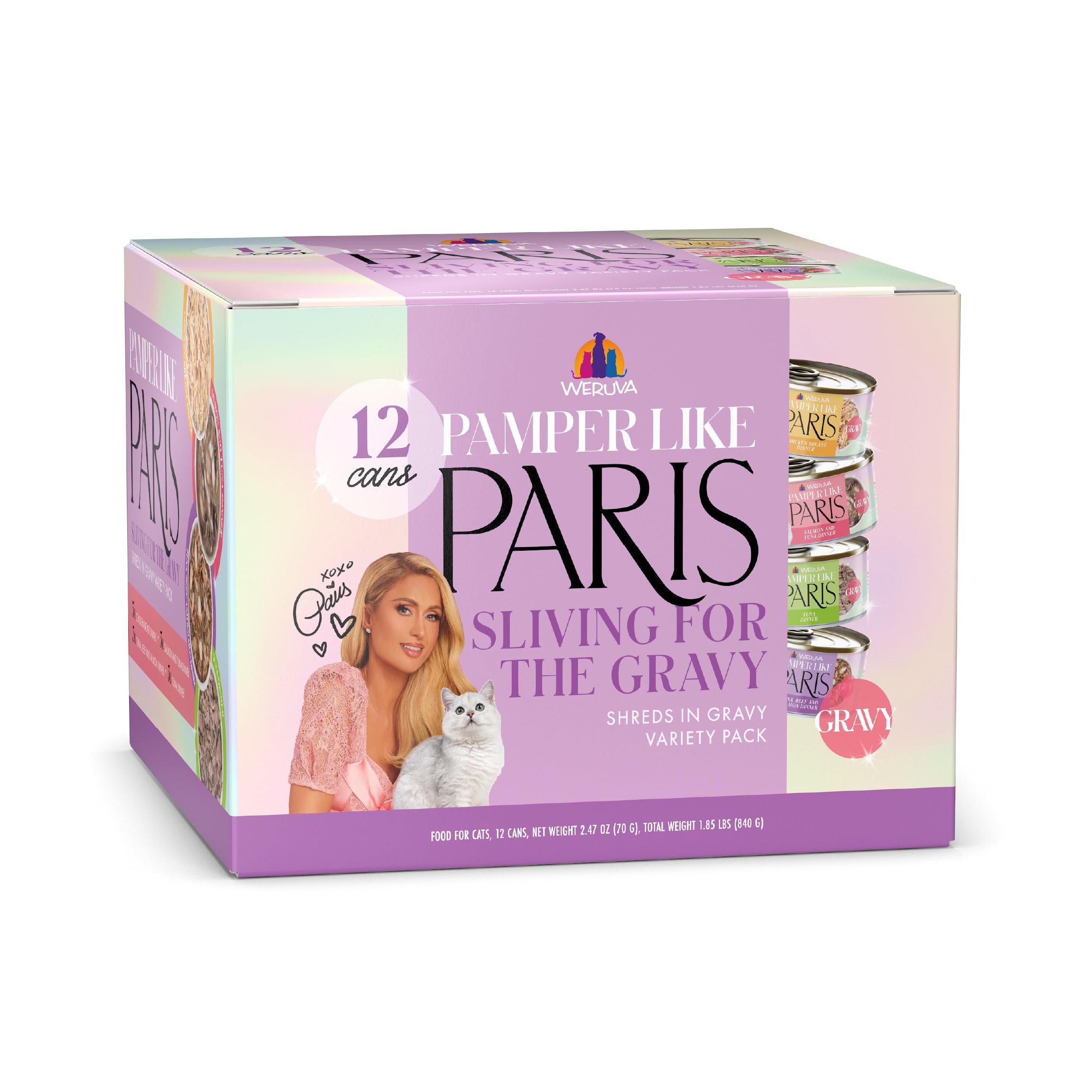 Weruva Paris Hilton Pamper Like Paris Natural Grain Free Wet Cat Food, Sliving for The Gravy Variety Pack, 2.47oz Can (Pack of 1