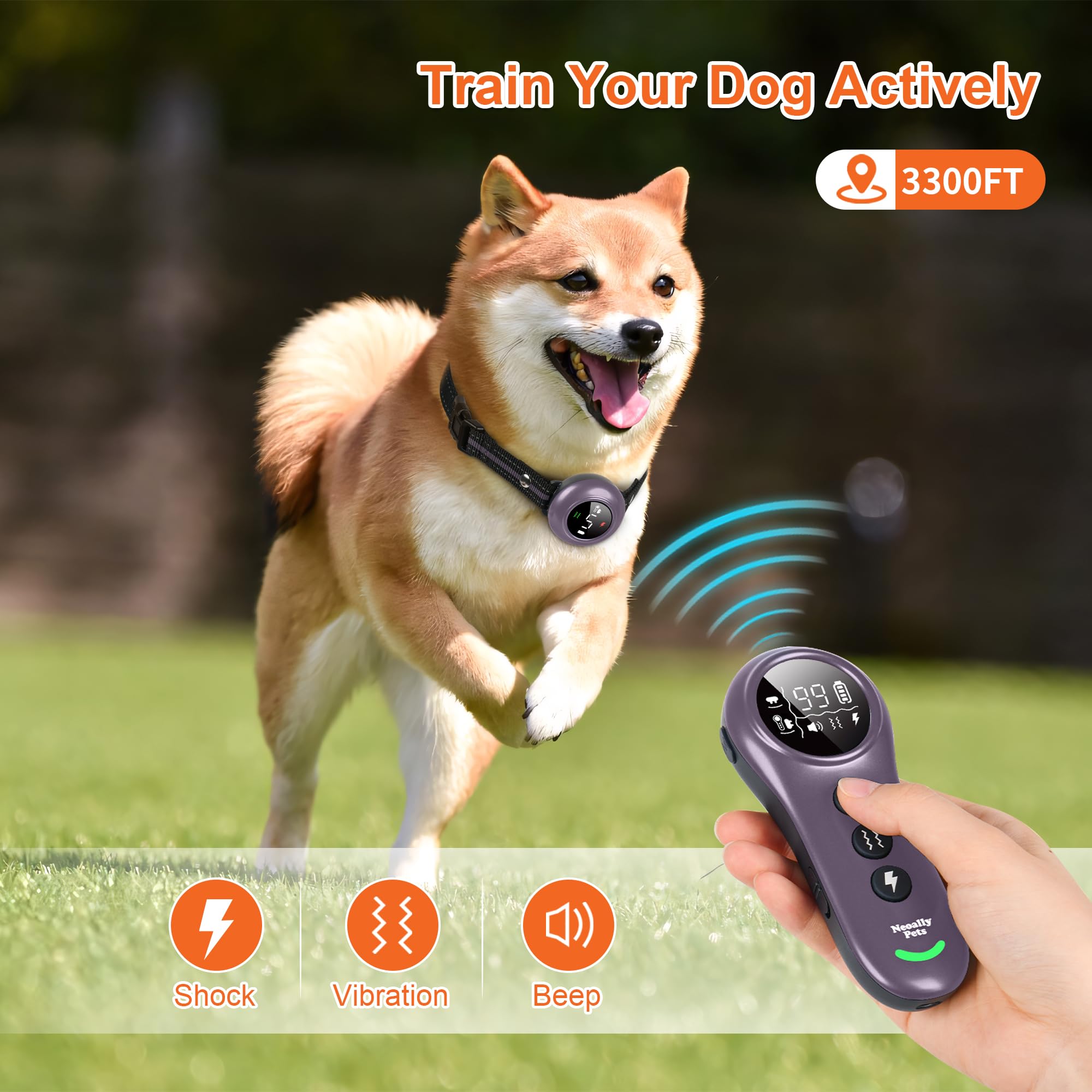 NEOALLYPETS Neoally 2 in 1 Dog Training & Bark Control Collar, Rechargeable & Waterproof, for 5-150 lbs Dogs, Purple, Model NP-8000-Purple