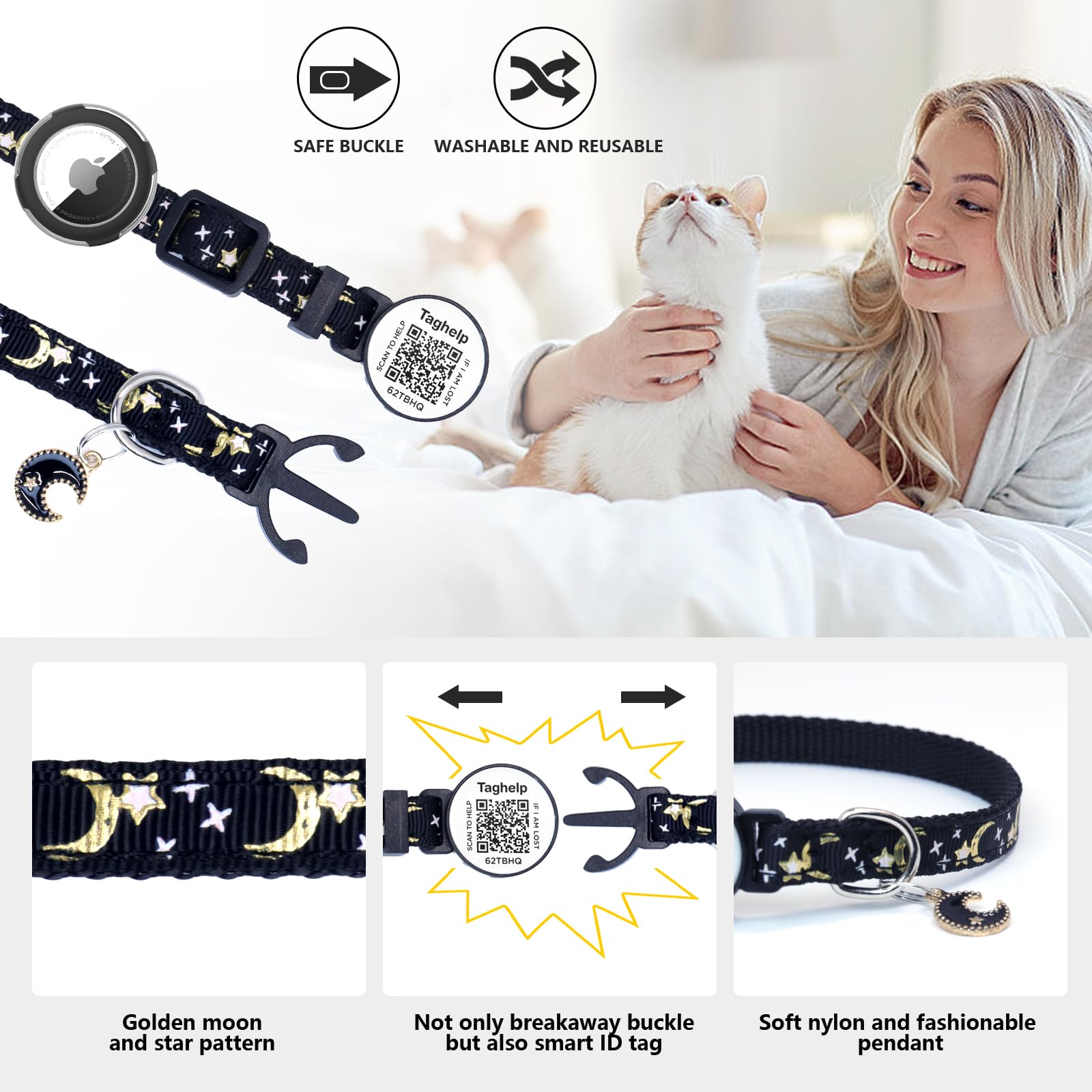 Waterproof Airtag Cat Collar, Breakaway With Stars And Moon With Airtag Holder For Apple. Solid & Safe, Pet Collar, Smart Id Tag