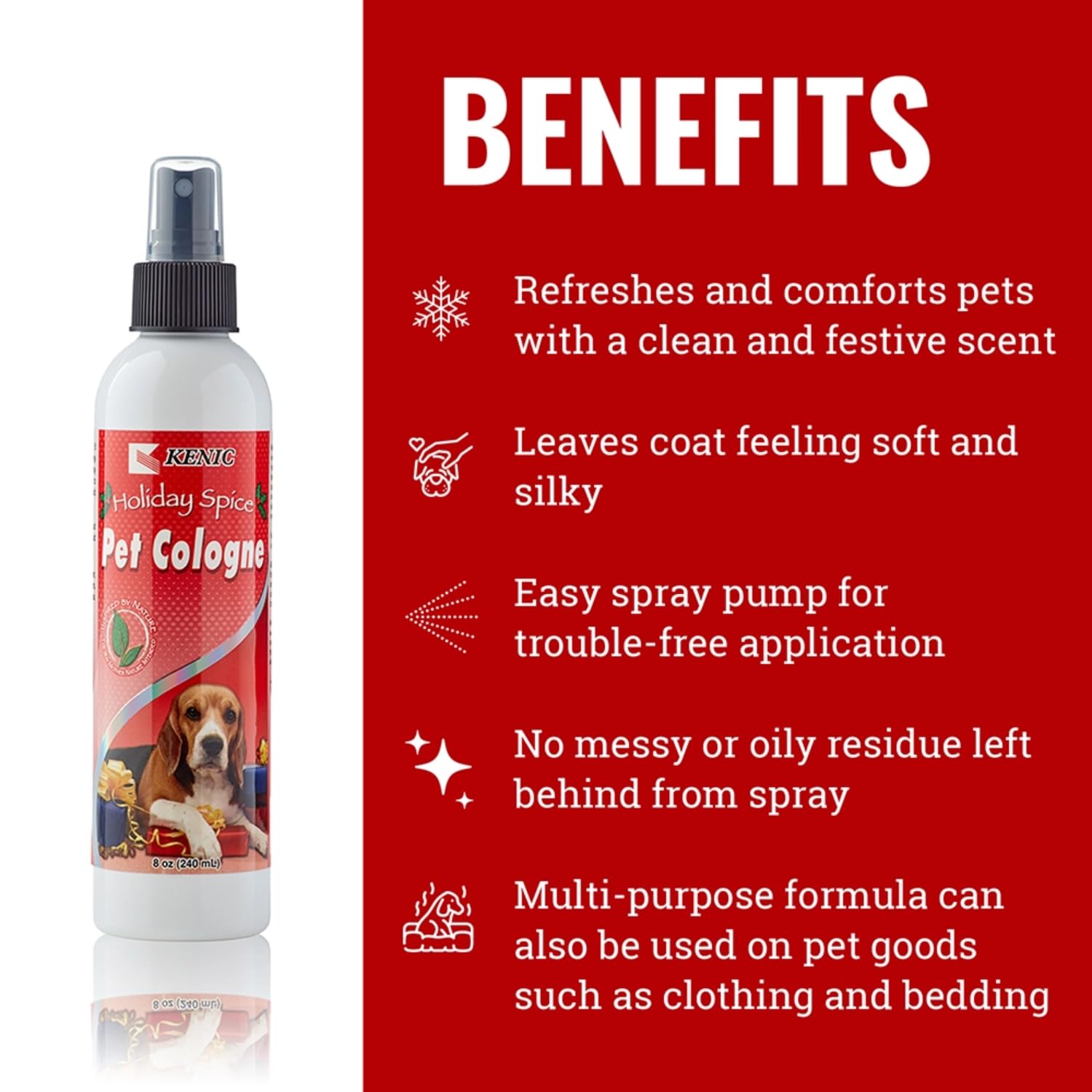 Kenic Holiday Spice Pet Cologne - Cinnamon & Nutmeg Scented Spray, 8 Fl Oz, Long Lasting Deodorizing for Dogs & Cats, Made in USA