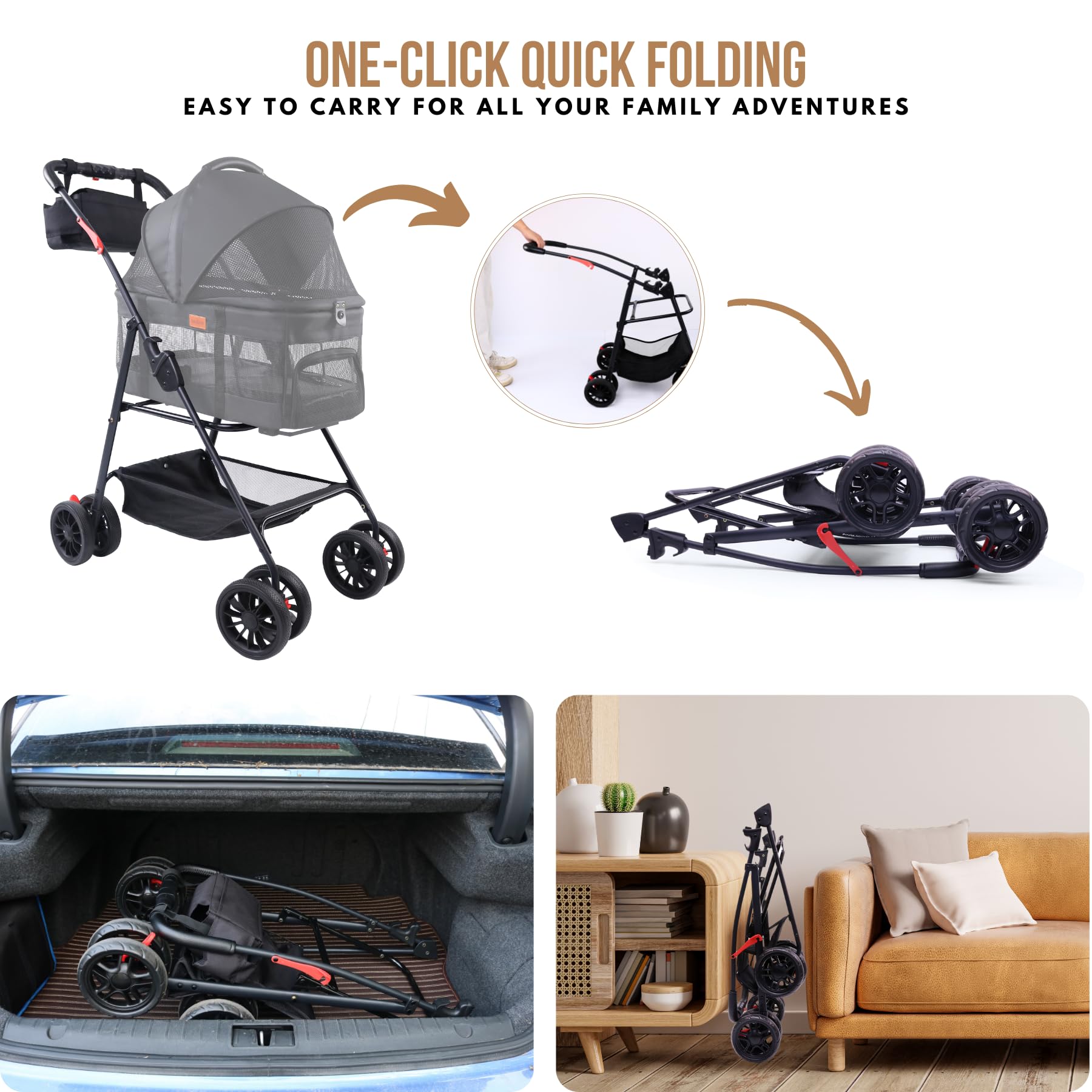 Bicystar Pet Stroller For Small Dogs Cats With Wheels, Detachable Carrier, Max Load 33 Lbs, Easy Folding, Compact Portable, Dog
