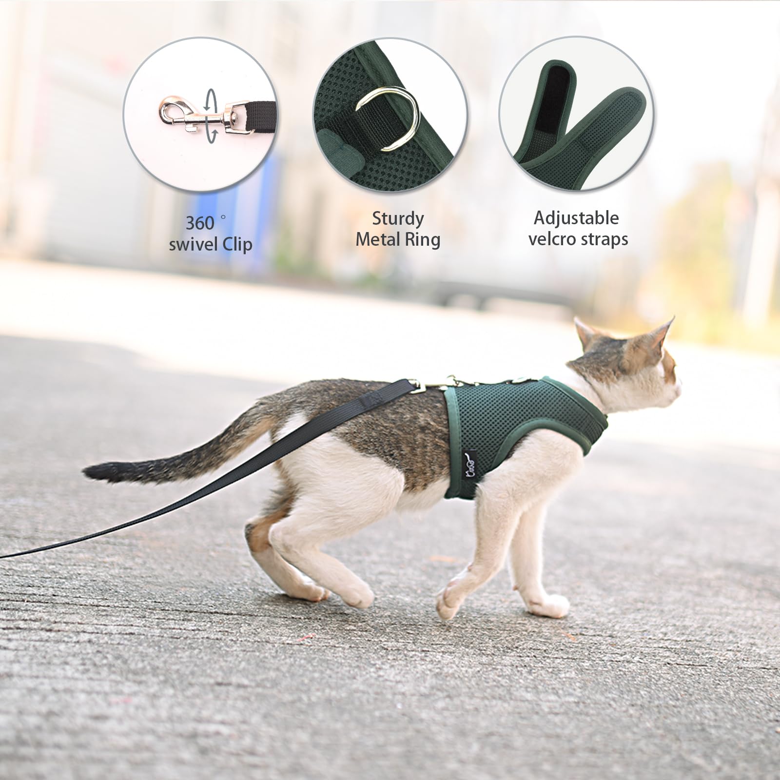 Kitty Harness And Leash For Walking Escape Proof Breathable Mesh Fabric, Solid Green, X-Small, Adjustable Cat Walking Jackets, P