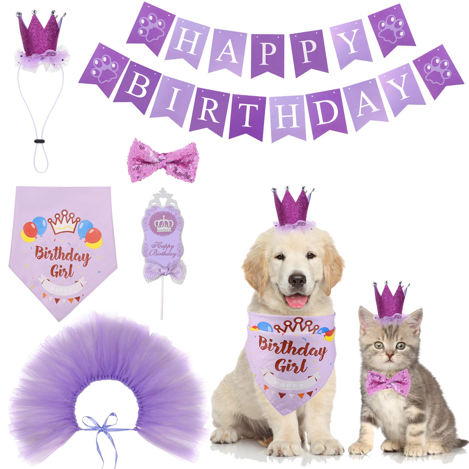 Cozifree Dog Birthday Bandana Girl Boy 6Pcs Birthday Party Supplies - Tutu Skirt Crown Hat Scarf Tie Happy Birthday Banner Cake Topper Decorations Birthday Outfit For Pet Puppy Cat Purple