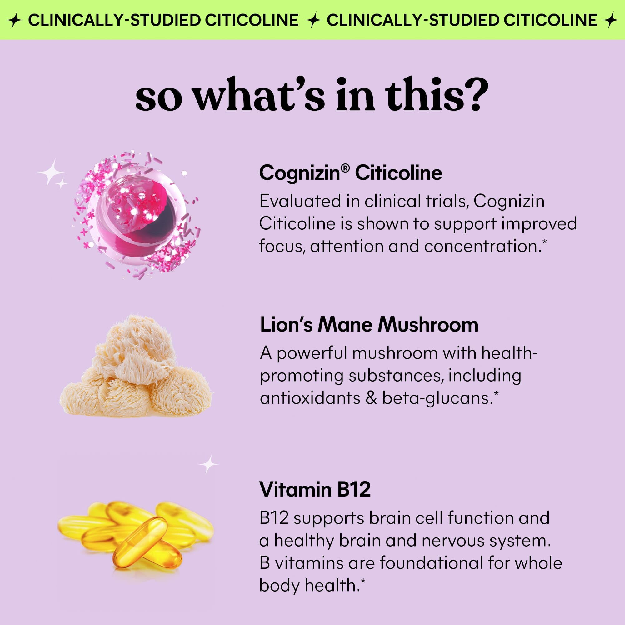Lemme Focus concentration  Brain Health gummies with cognizin citicoline, Lions Mane, Vitamin B12, McT Oil to Support Focus  con