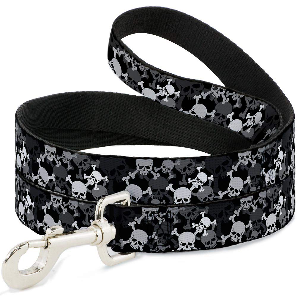Buckle-Down Dog Leash Top Skulls Stacked Black Gray White 6 Feet Long 0.5 Inch Wide