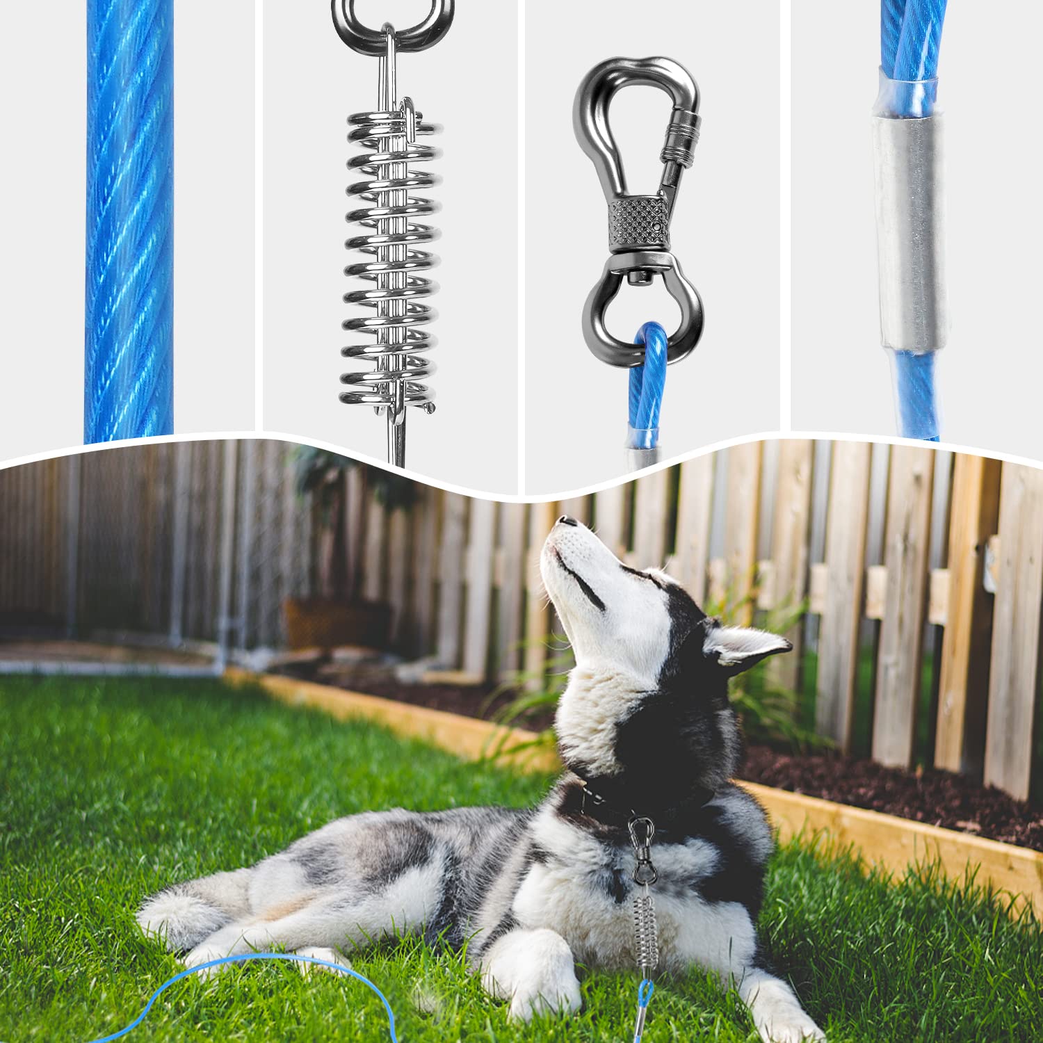 Tresbro 10 Ft Dog Tie Out Cable, Heavy Duty Dog Chains For Outside With Spring Swivel Lockable Hook, Pet Runner Cable Leads For Yard, Blue Dog Line Tether For Small Medium Large Dogs Up To 500 Lbs