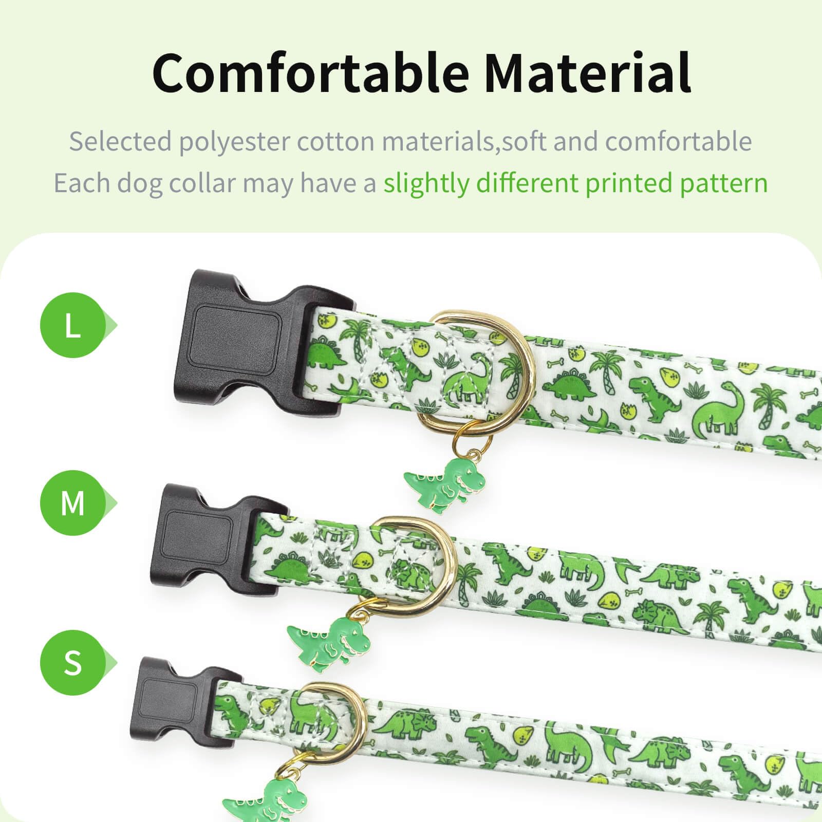 Gelwoo Cotton Dog Collar,Soft and Cute Puppy Collars with Green Dinosaur Patterned Design for Girl Female Boy Dogs,Adjustable Bu