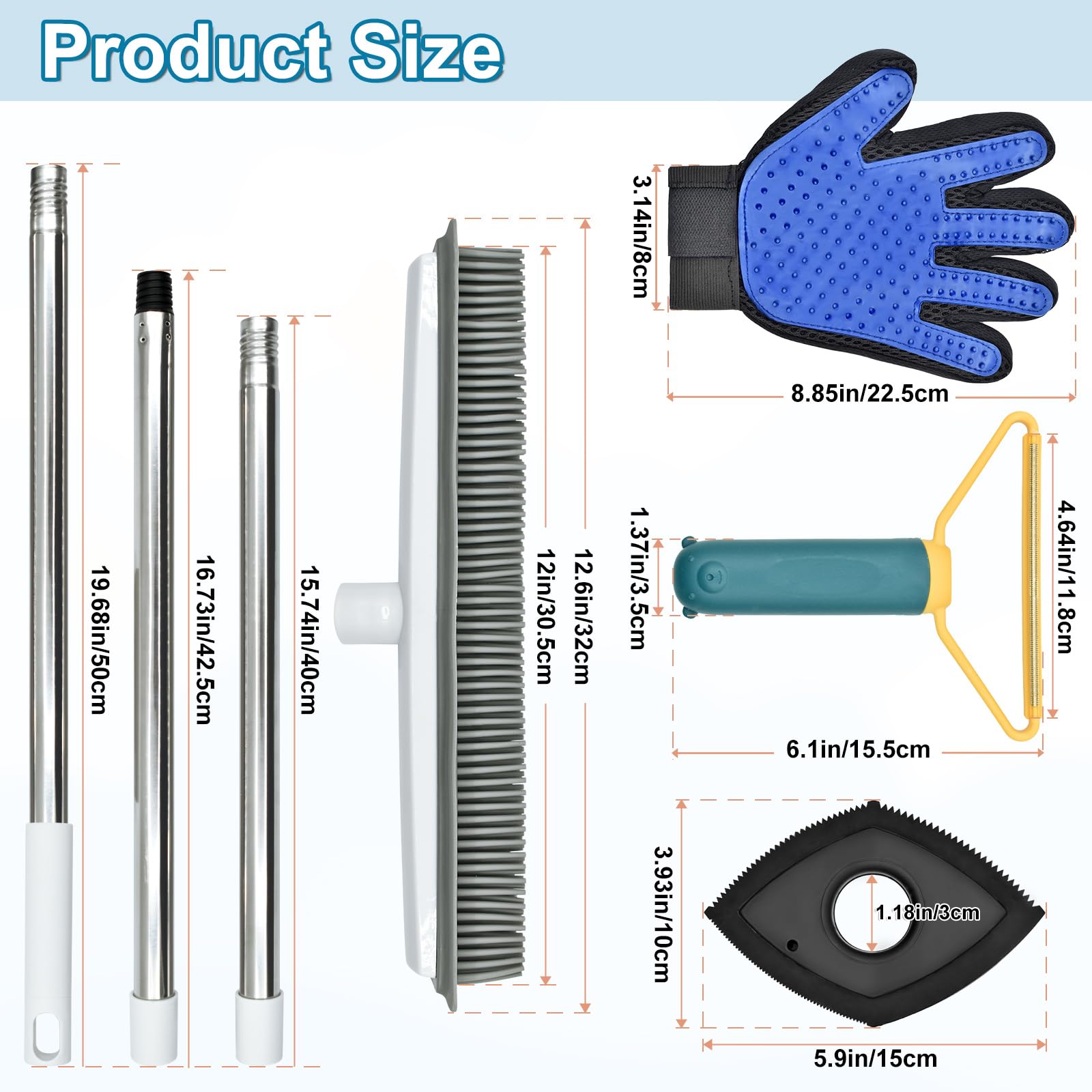 Enmaipet Carpet Rake For Pet Hair Removal, Reusable Pet Hair Remover With 48    Adjustable Long Handle, Pet Hair Remover Gloves,
