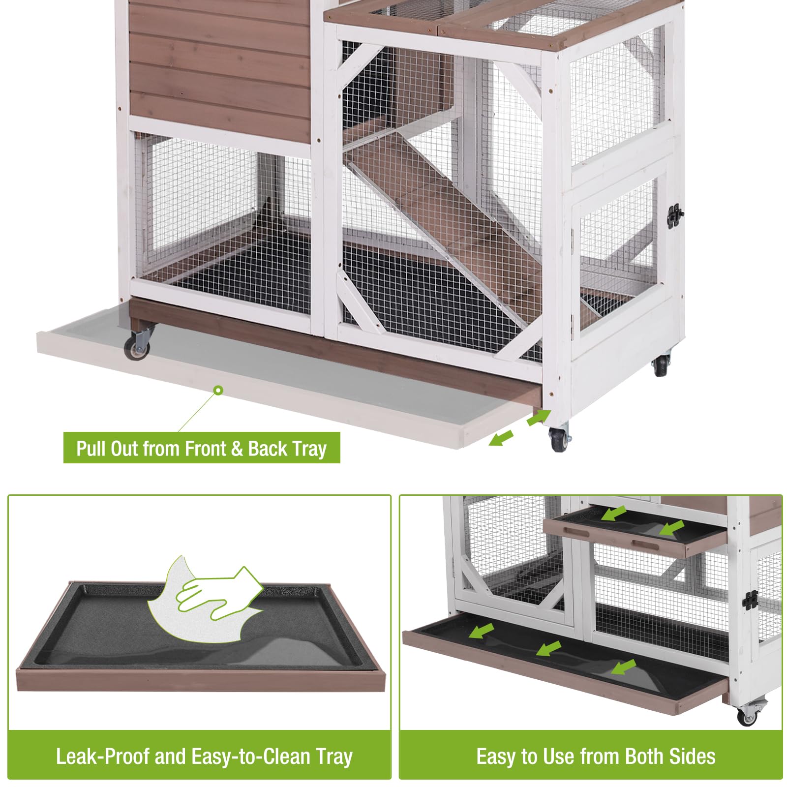 Gutinneen 2-Story Rabbit Hutch with Chew-Proof Ramp & Leak-Proof Trays - Indoor/Outdoor 39.3 '' Wooden Rabbit Cage with Wheels f