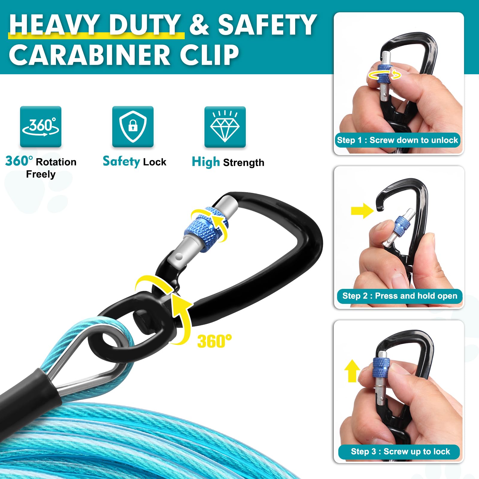 Snagle Paw Dog Lead Cable 20Ft,Heavy Duty Outside Dog Leash Cable With Shock Absorbing Spring & Swivel Hook,Dog Tether For Yard,