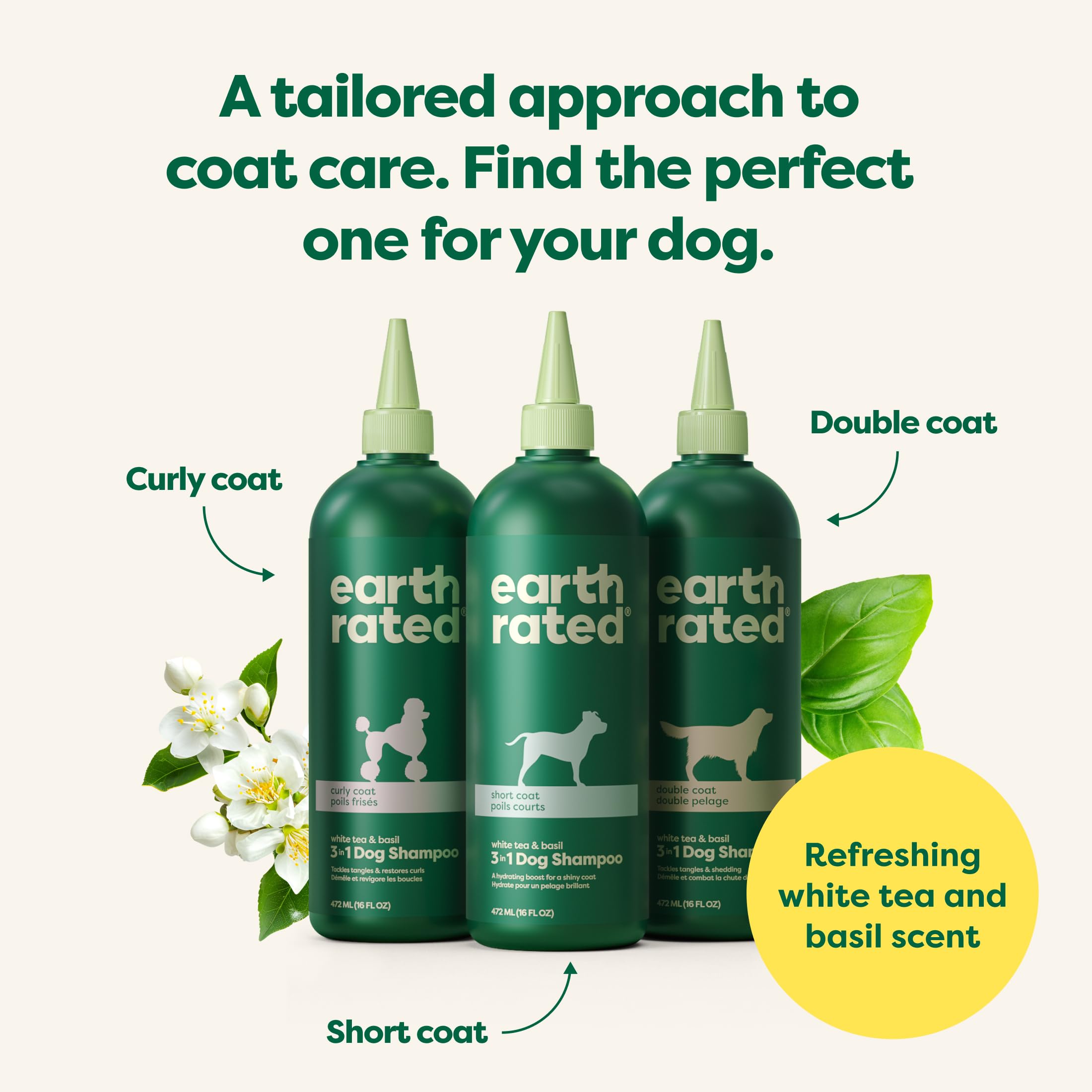 Earth Rated 3-In-1 Dog Shampoo, Conditioner And Deodorizer, For Curly-Coated Dogs And Puppies To Tackle Tangles And Restore Curls, Refreshing White Tea And Basil Scent, 16 Oz