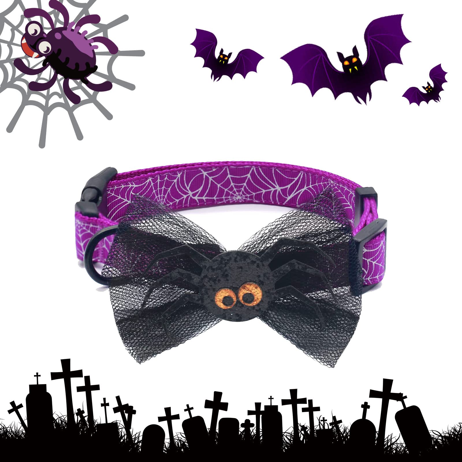 Azuza Halloween Dog Collars With Bow Cute Sequined Spider Purple Dog Collar With Lace Bow Tie Gifts On Halloween For Medium Dogs