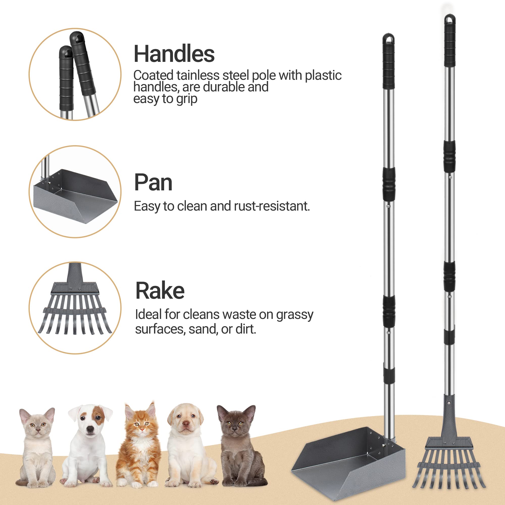Heeyoo Dog Pooper Scooper, Dog Poop Tray and Rake Set, Pet Waste Removal Scoop with Long Adjustable Sectional Stainless Handles