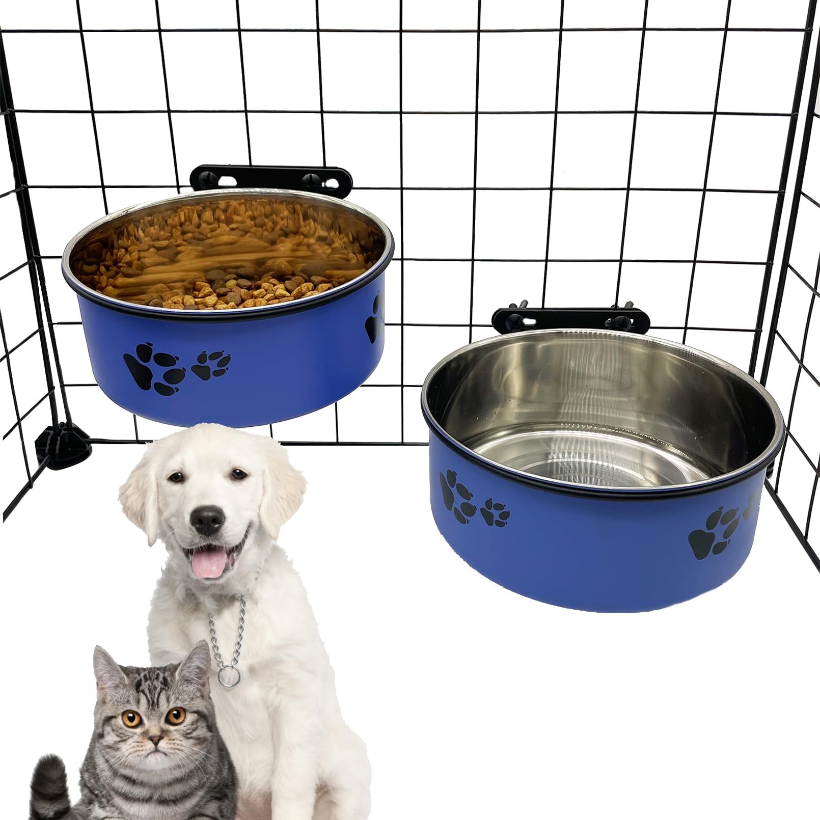 Dog Crate Food and Water Bowl 2Pcs Small Pet Hanging Kennel Removable Dish Feeding Cup with Holder for Medium Large Size Cat Pup