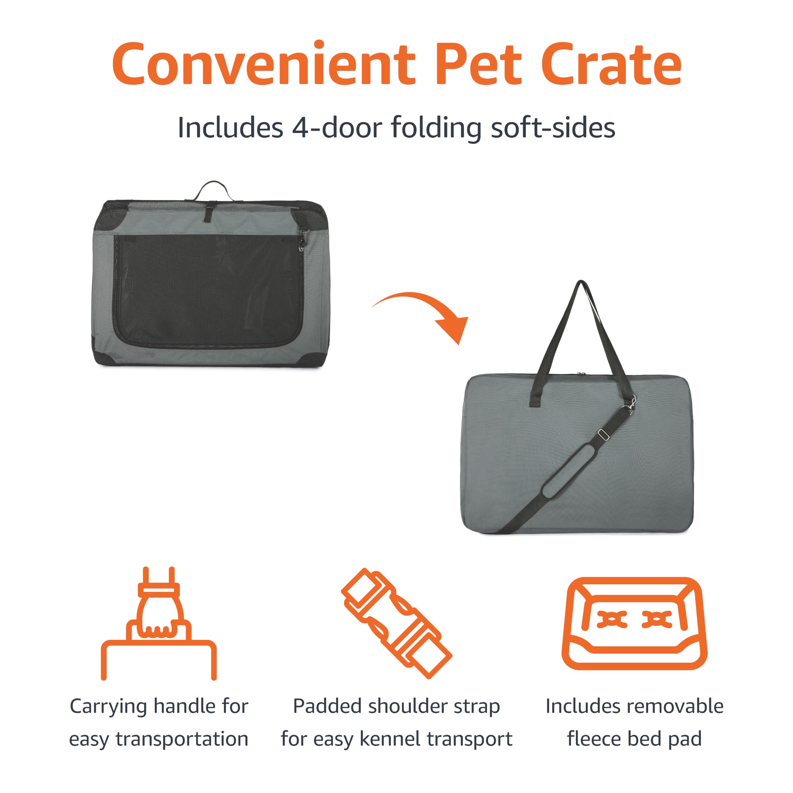 Amazon Basics 4-Doors Portable Soft-Sided Folding Travel Crate Kennel for cat, Dog, and Other Small Animals, Grey, S 26 x 18 x 1
