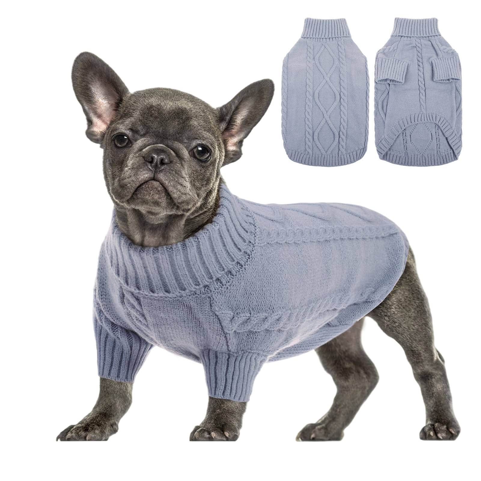 Queenmore Small Dog Pullover Sweater, Cold Weather Cable Knitwear, Classic Turtleneck Thick Warm Clothes For Chihuahua, Bulldog, Dachshund, Pug, Yorkie (Grey, Large)