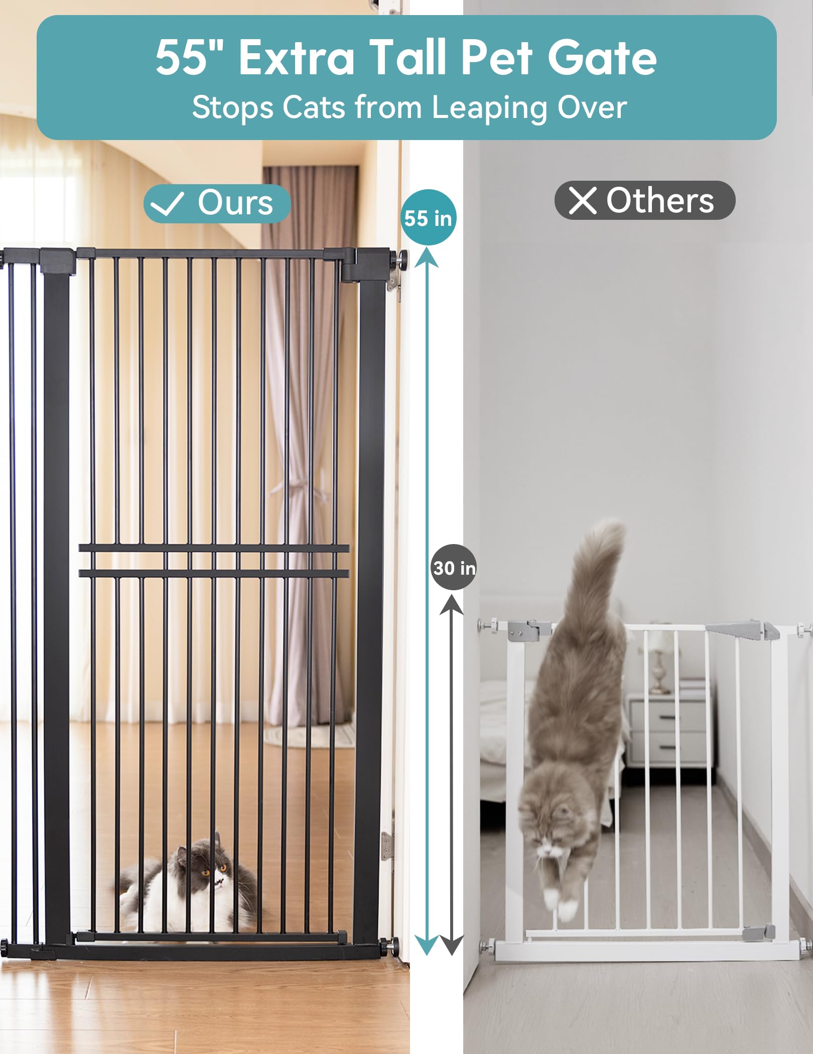 No Pawblems 55 Extra Tall Pet Gate for Cat/Dog, 29-40 Wide Auto Close Tall Dog Gate for Doorways/Hallways, 1.37 Ultra Narrow Spa
