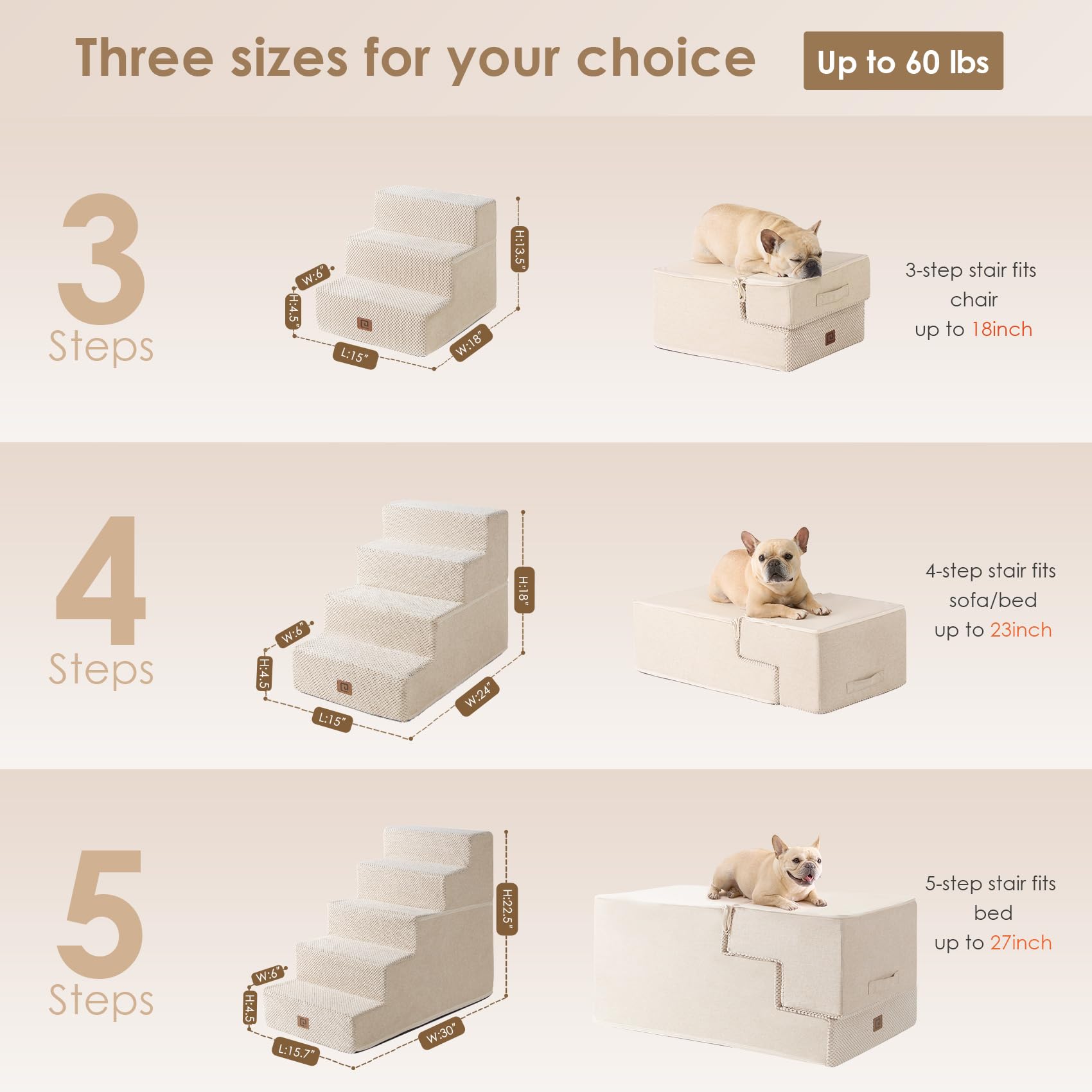 EHEYCIGA Dog Stairs, 5-Step Non-Slip Ramp for High Beds, 22.5”H, Beige Fleece, Ideal for Small Dogs and Cats