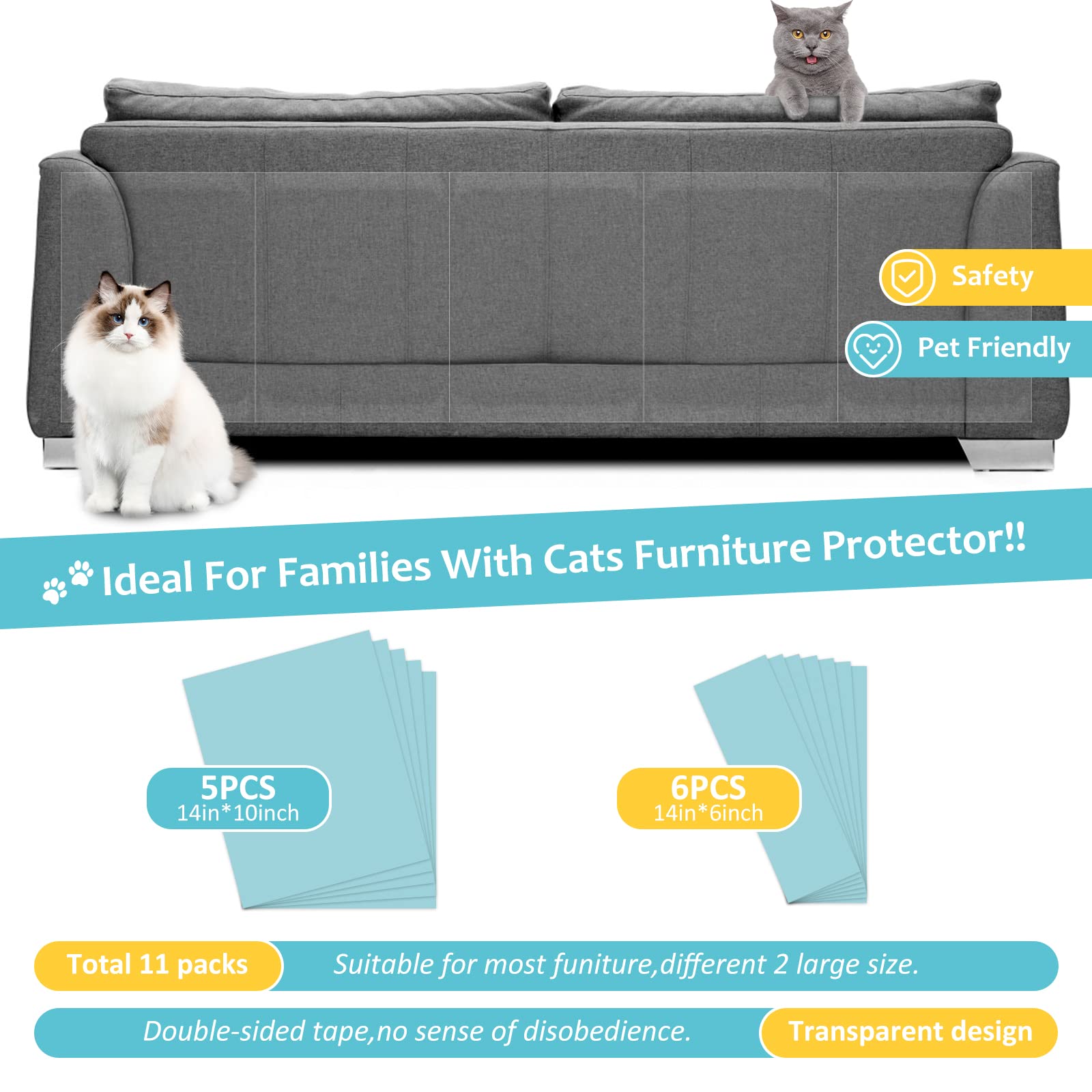 Happyfreesx Anti Cat Scratch Furniture Protector From Cats, 11 Pcs Sticky Paws, Corner Couch Protector For Cats, Cat Scratch Det