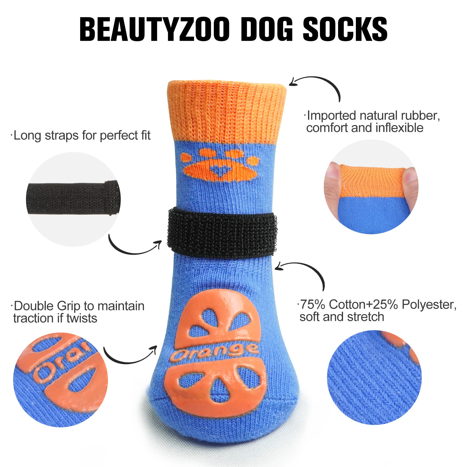 BEAUTYZOO Non Slip Dog Socks, Cotton Grip Paw Protector for Dogs, M Size, Orange Blue, 2 Pairs for Hot/Cold Pavement