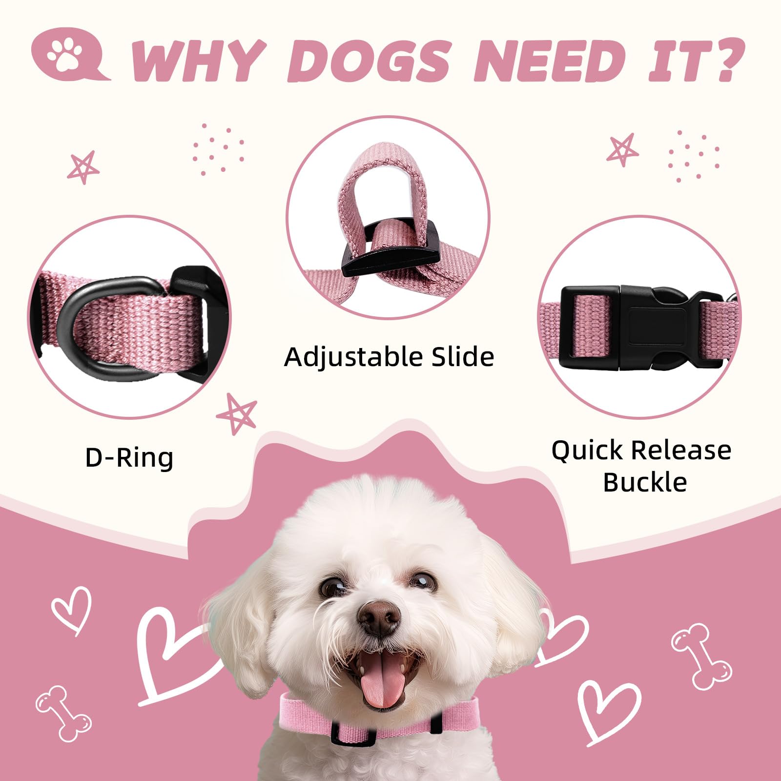 Pawhuggies Pink Dog Collar For Small Dogs, Breathable, Anti-Odor & Soft, Comfortable For Sensitive Skin Puppies, 90% Bamboo Rayo
