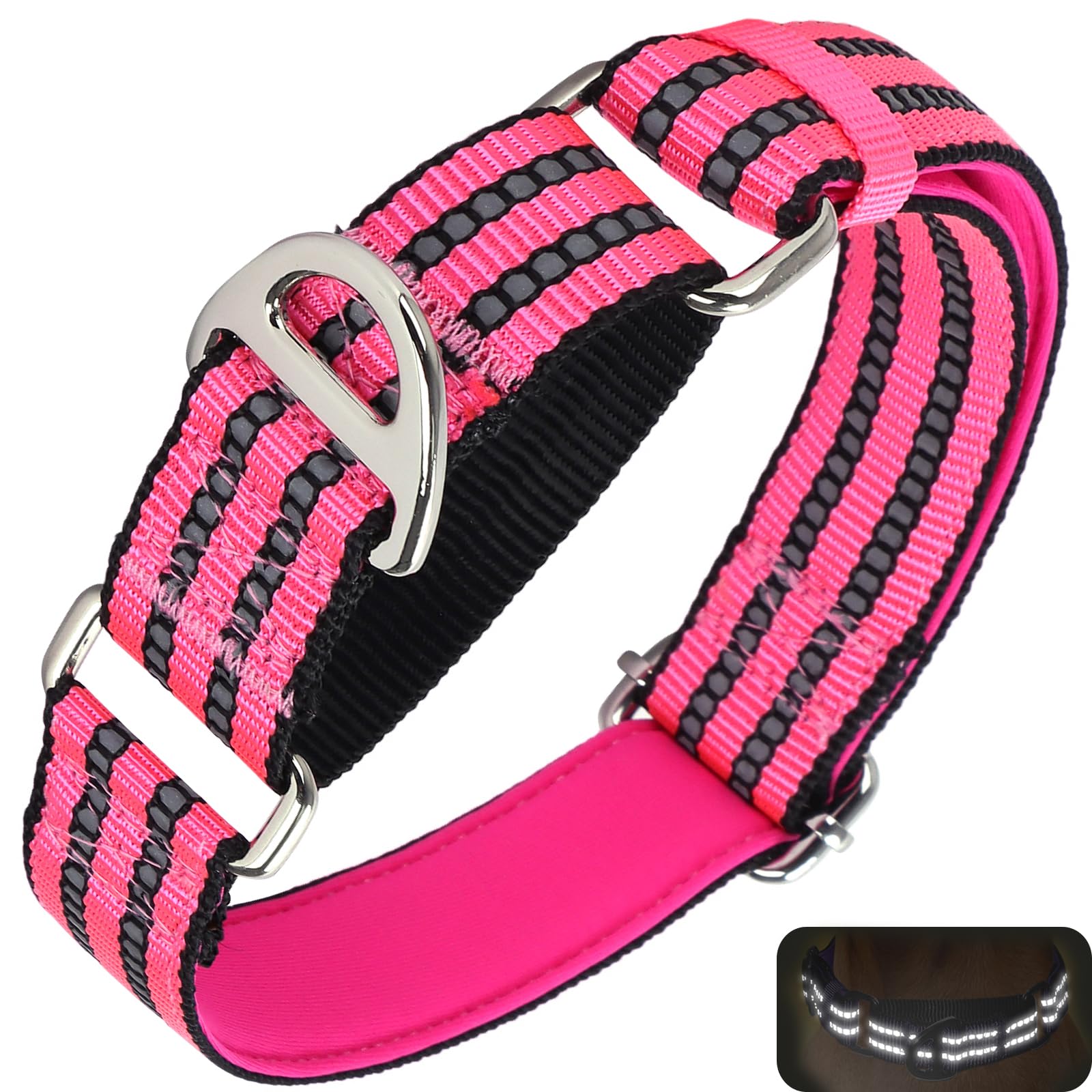 Onefojojo Martingale Dog Collars Reflective Nylon Dog Collar With No Buckle Adjustable Training No Slip Dog Collar (Large,Pink)