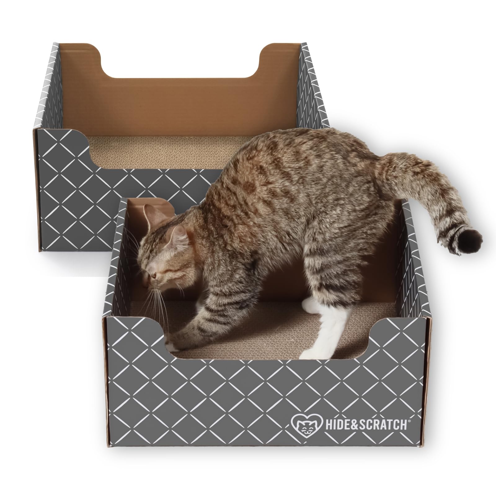 Hide & Scratch Cardboard Cat Scratcher Box & Bed - Dark Grey Diamond (2 Pack) | Double-Sided Corrugated Pad for Indoor Cats | Re