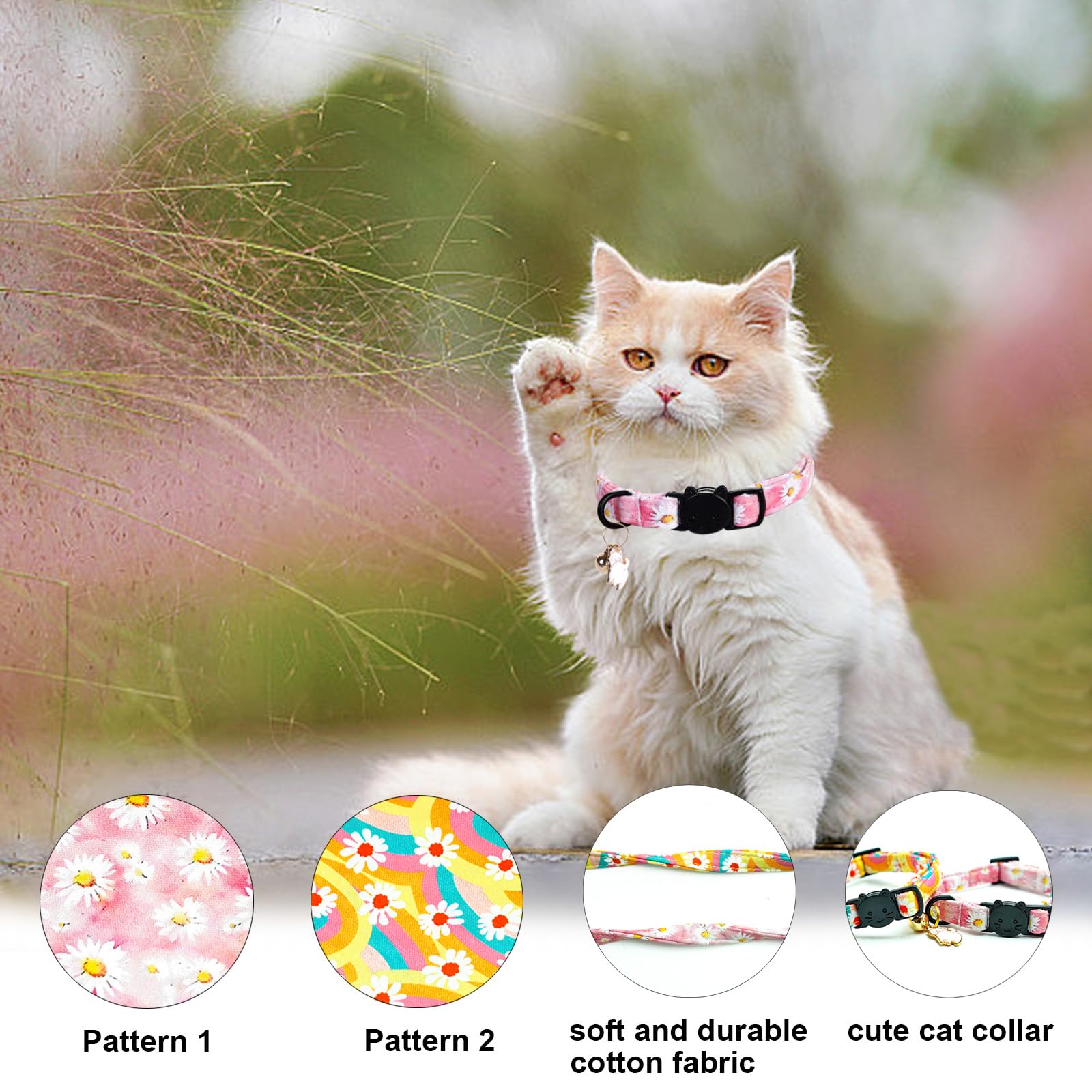 Lionheart Glory 2 Pack Cat Collar Breakaway With Bell & Pendant Pink Flowers Kitten Collar Soft Adjustable Safety Cat Collars Fo
