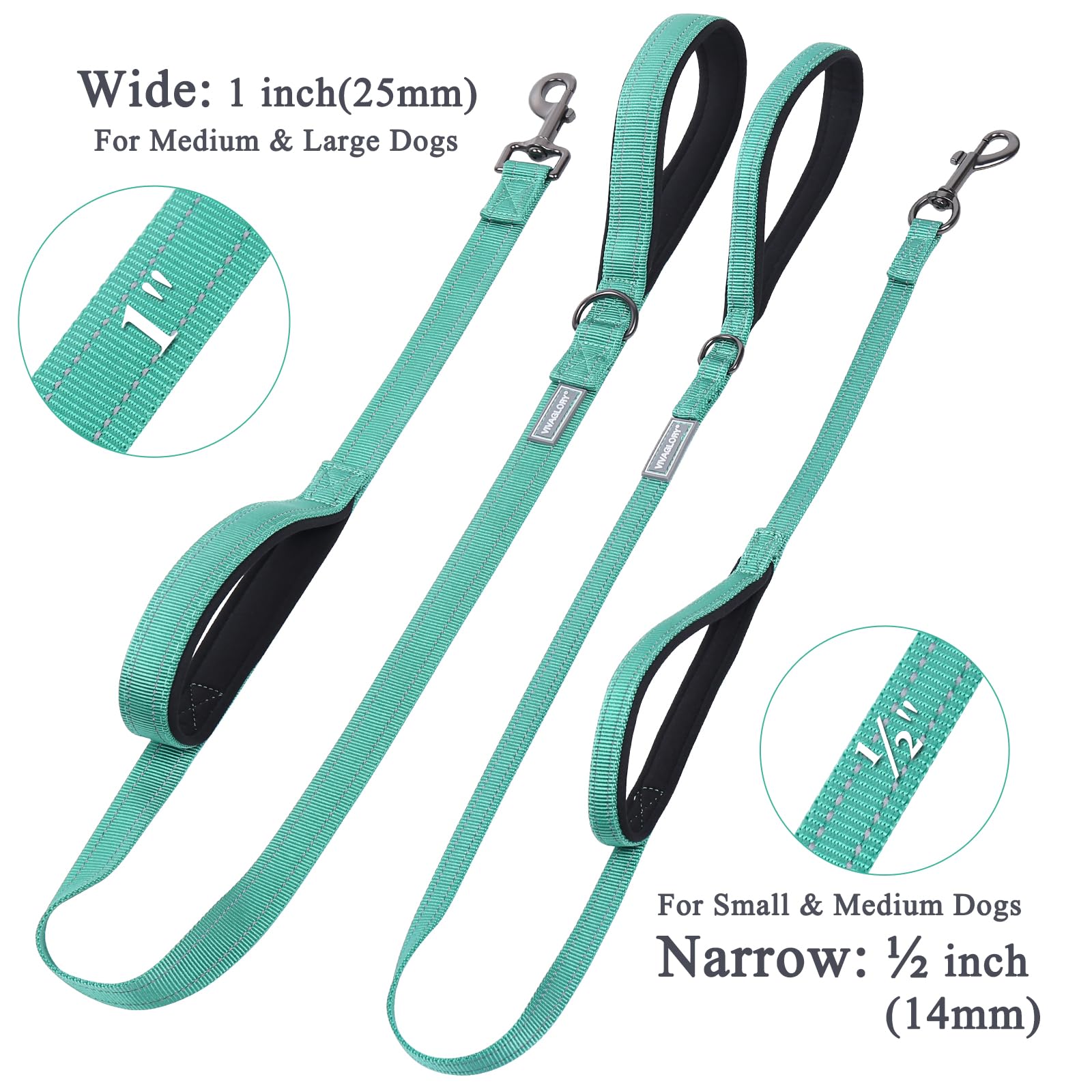 VIVAGLORY Traffic Handle Dog Leash - 4ft, Nylon, Turquoise, 2 Padded Soft Handles, Reflective & Metal Hook, for Dogs 25-120 lbs.