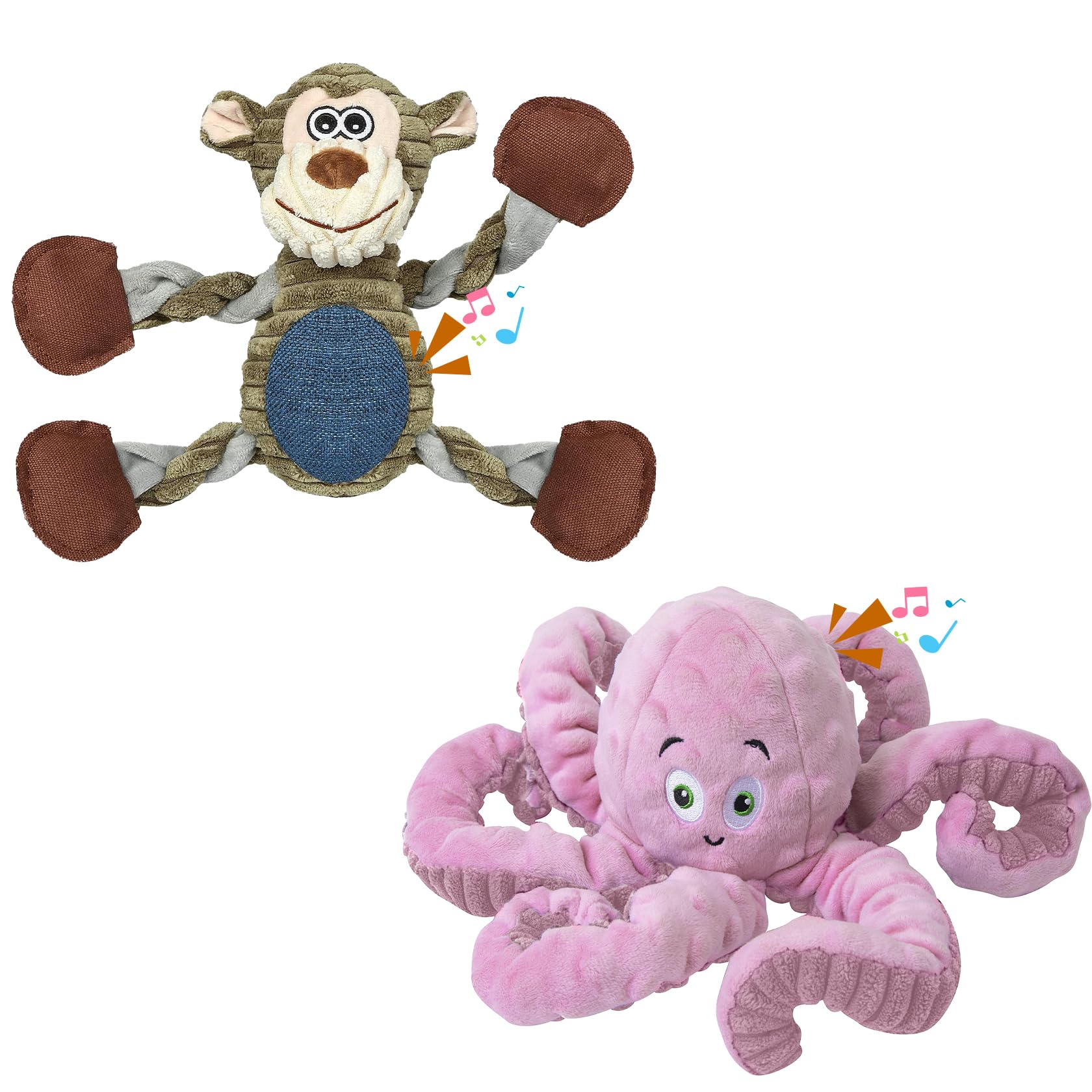 Buypow 2Pack Large Dog Toys - Plush Squeaky Medium & Small - Monkey+Octopus Pink For Dog Birthday