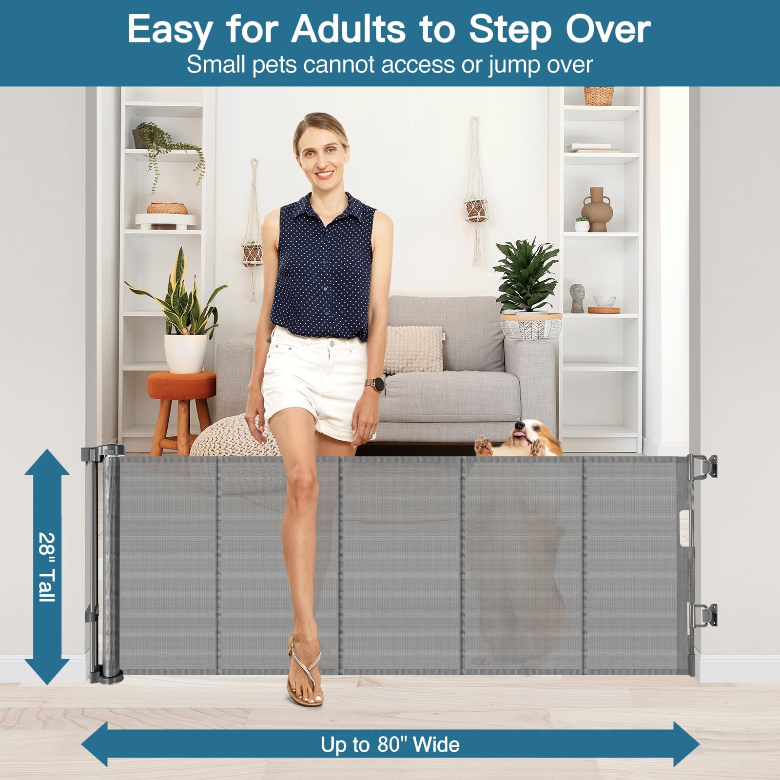 Stcockis 28" Tall Retractable Baby Gate - 80" Wide Mesh Dog Gate, Gray, Model XMF-X666666, Ideal for Stairs and Doorways